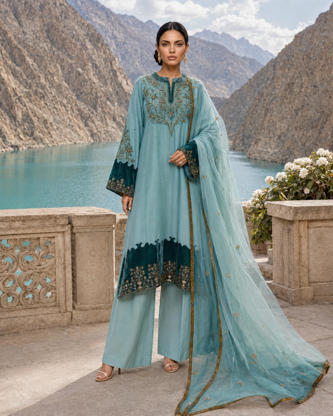 Full front view of Celadon Garden with deep teal embroidered borders