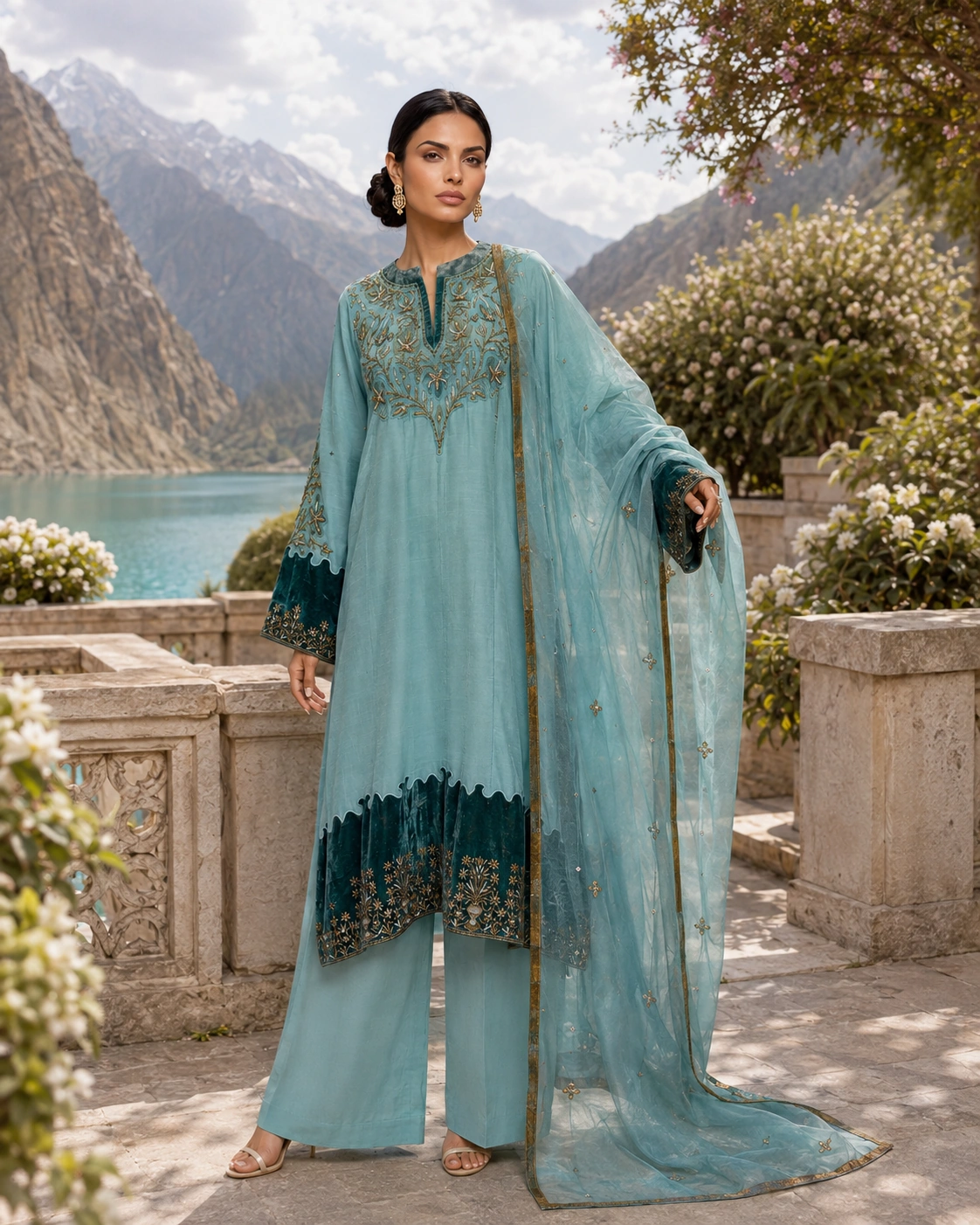 Three-quarter view of Celadon Garden and its flowing dupatta