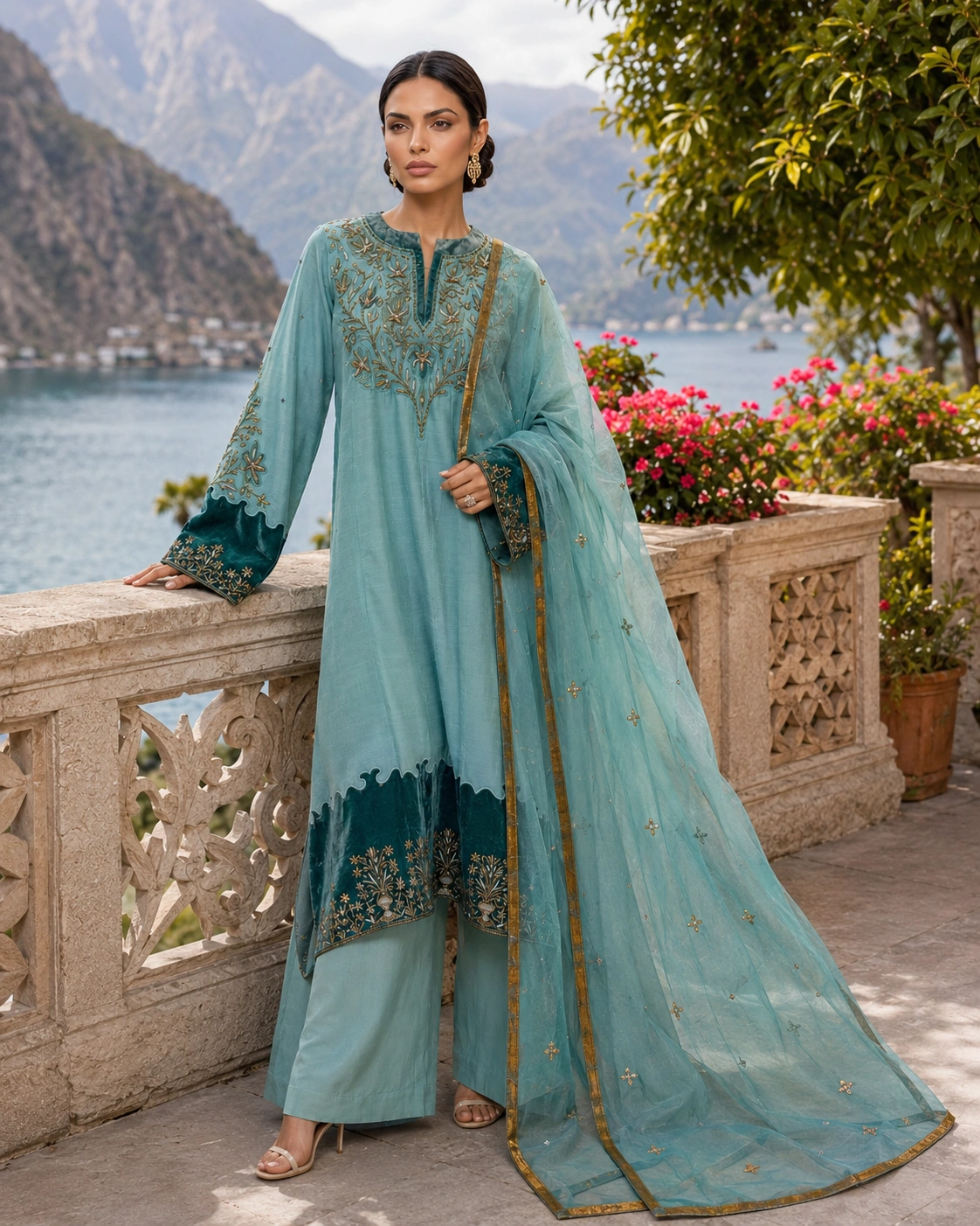 Celadon Garden with its mist-blue dupatta arranged across a garden terrace