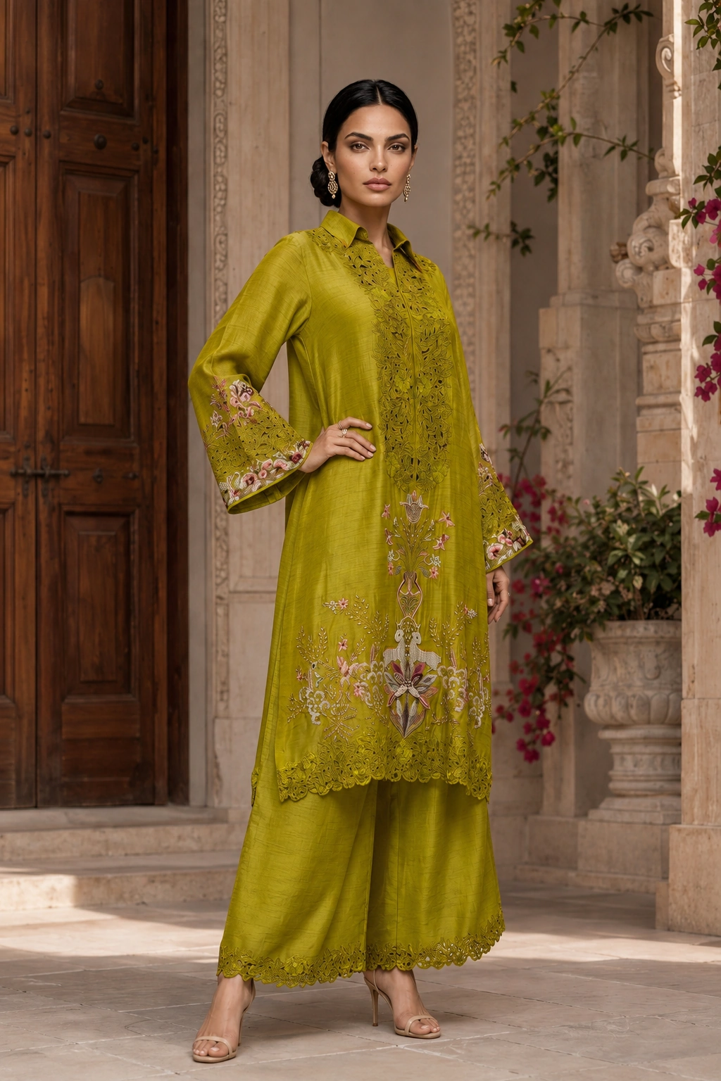 Front editorial view of Chartreuse Bloom showing its embroidered panel