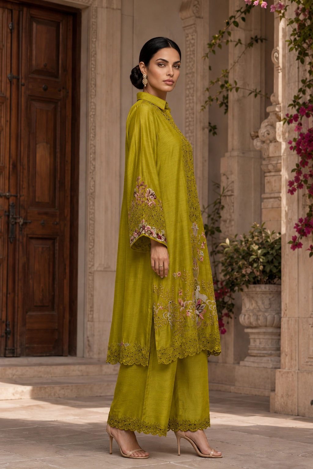 Three-quarter view of Chartreuse Bloom with flared embroidered cuffs