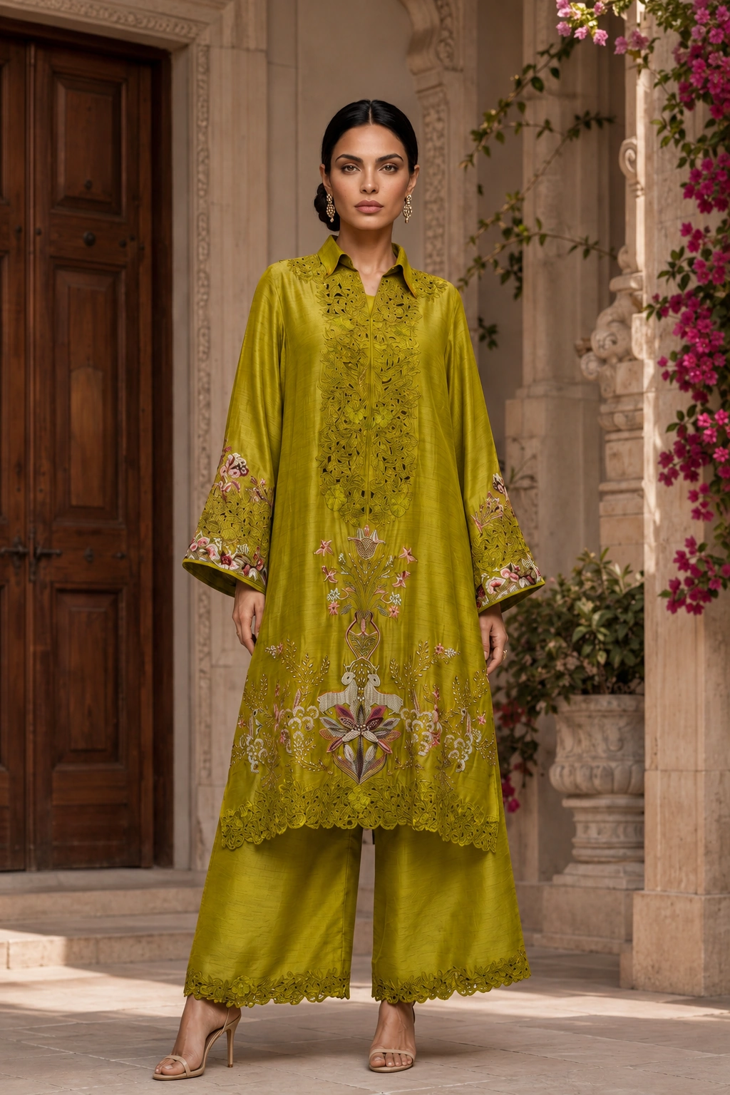 Full front view of the Chartreuse Bloom kurta and wide-leg trousers