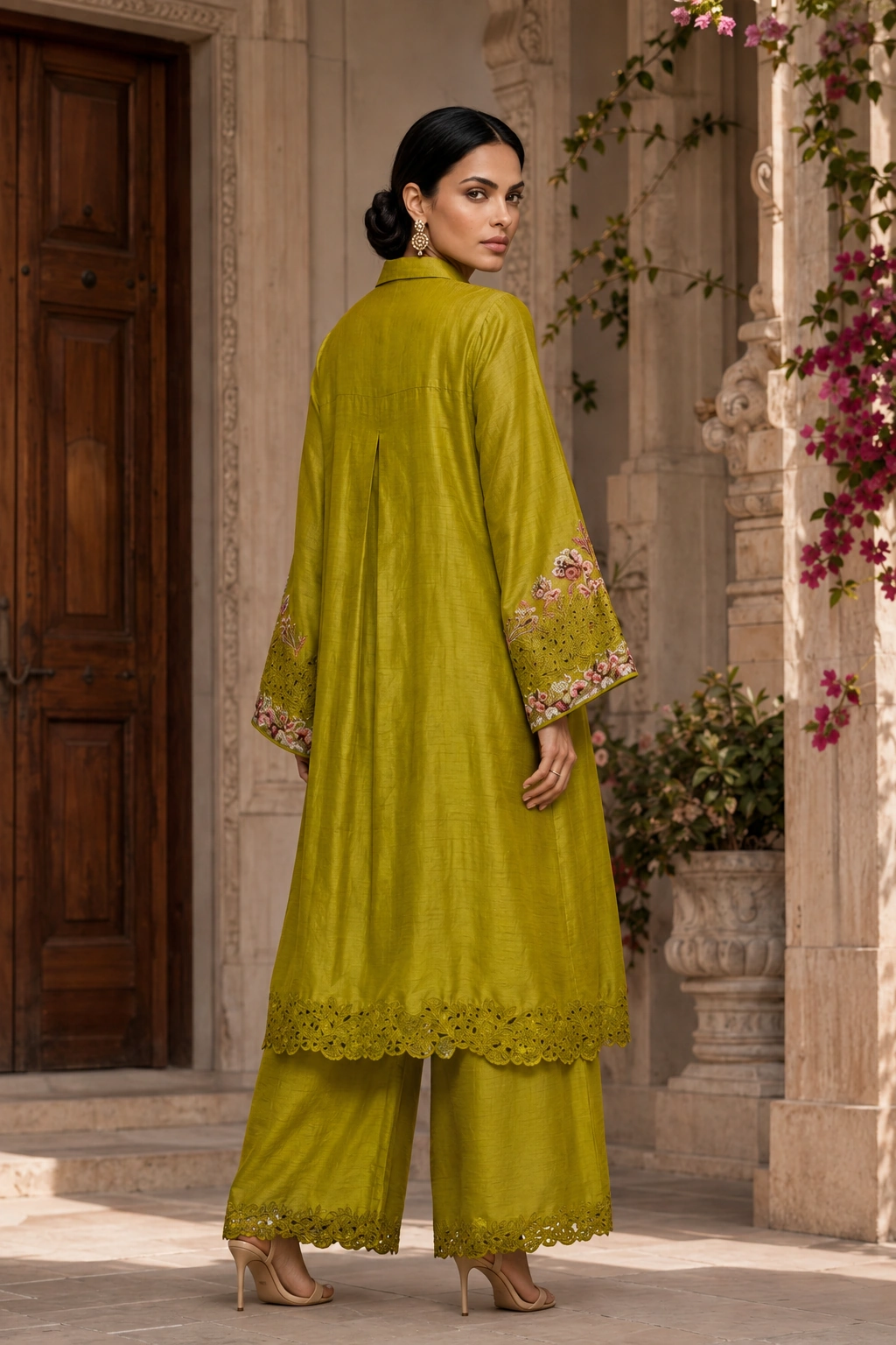 Back view of the Chartreuse Bloom two-piece silhouette
