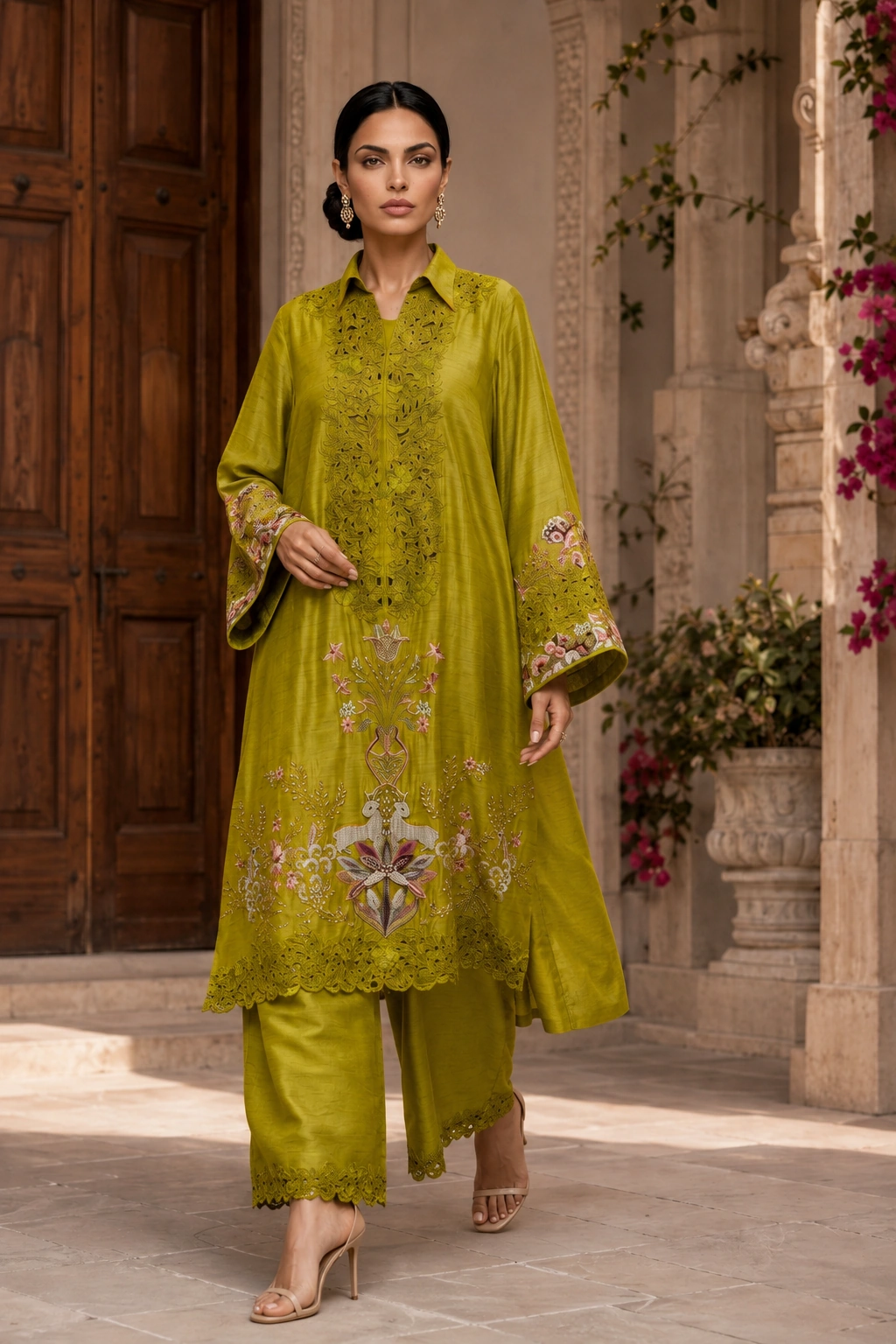 Chartreuse Bloom in motion with floral embroidery and scalloped borders
