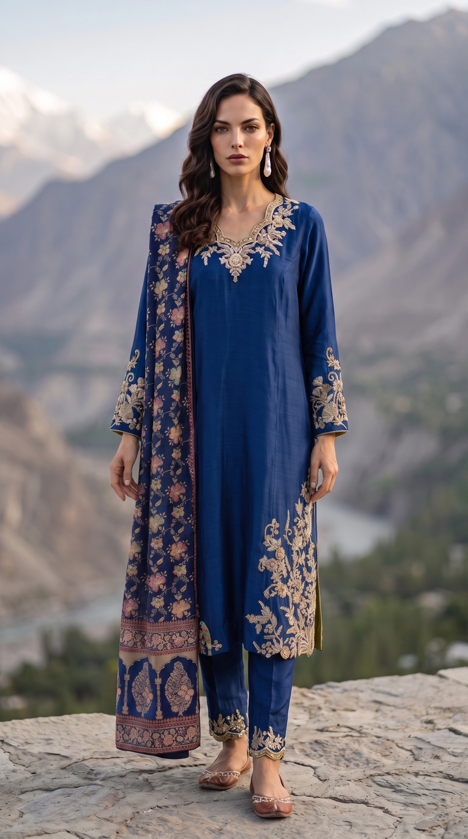 Front view of Cobalt Botanica showing its embroidered neckline, floral lower panels and tapered trousers