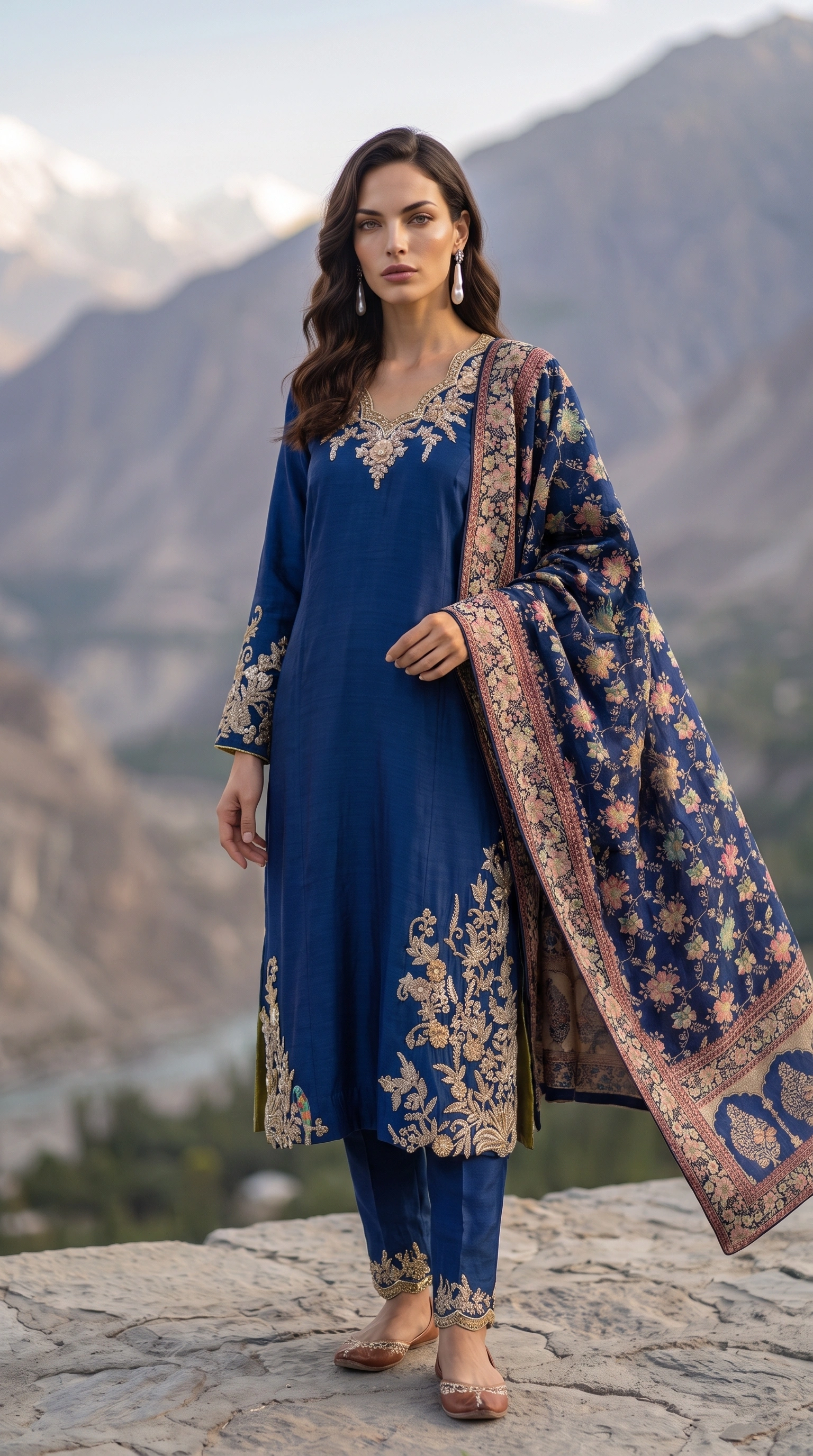 Cobalt Botanica with its patterned dupatta draped across the arm, revealing the broad ornamental border