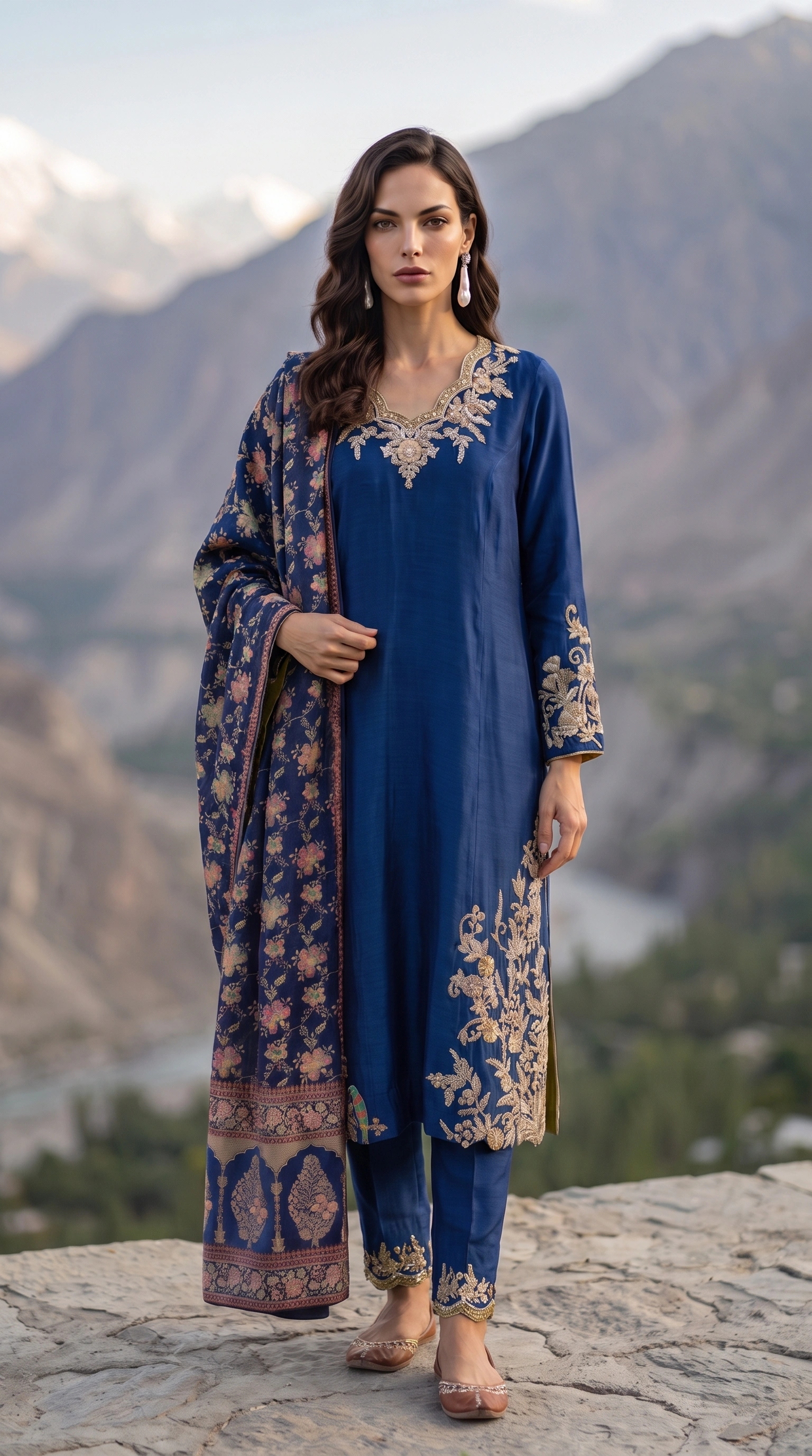 Cobalt Botanica with its floral dupatta over one shoulder and embroidered trouser hems visible