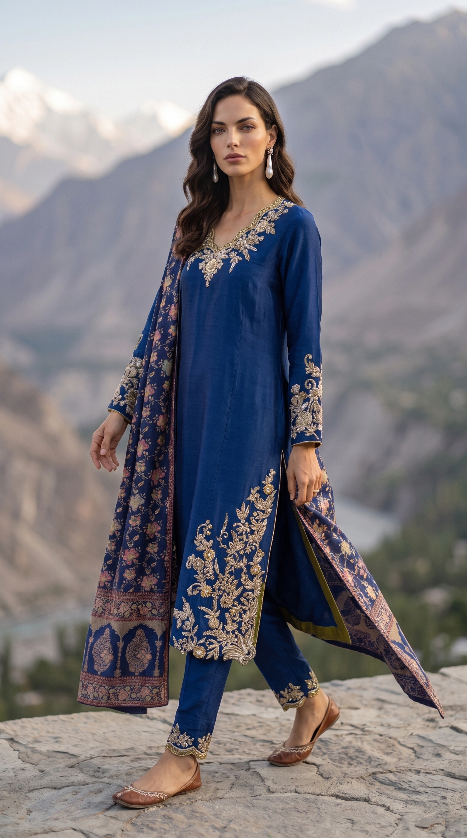 Walking three-quarter view of Cobalt Botanica showing its floral embroidery and flowing patterned dupatta