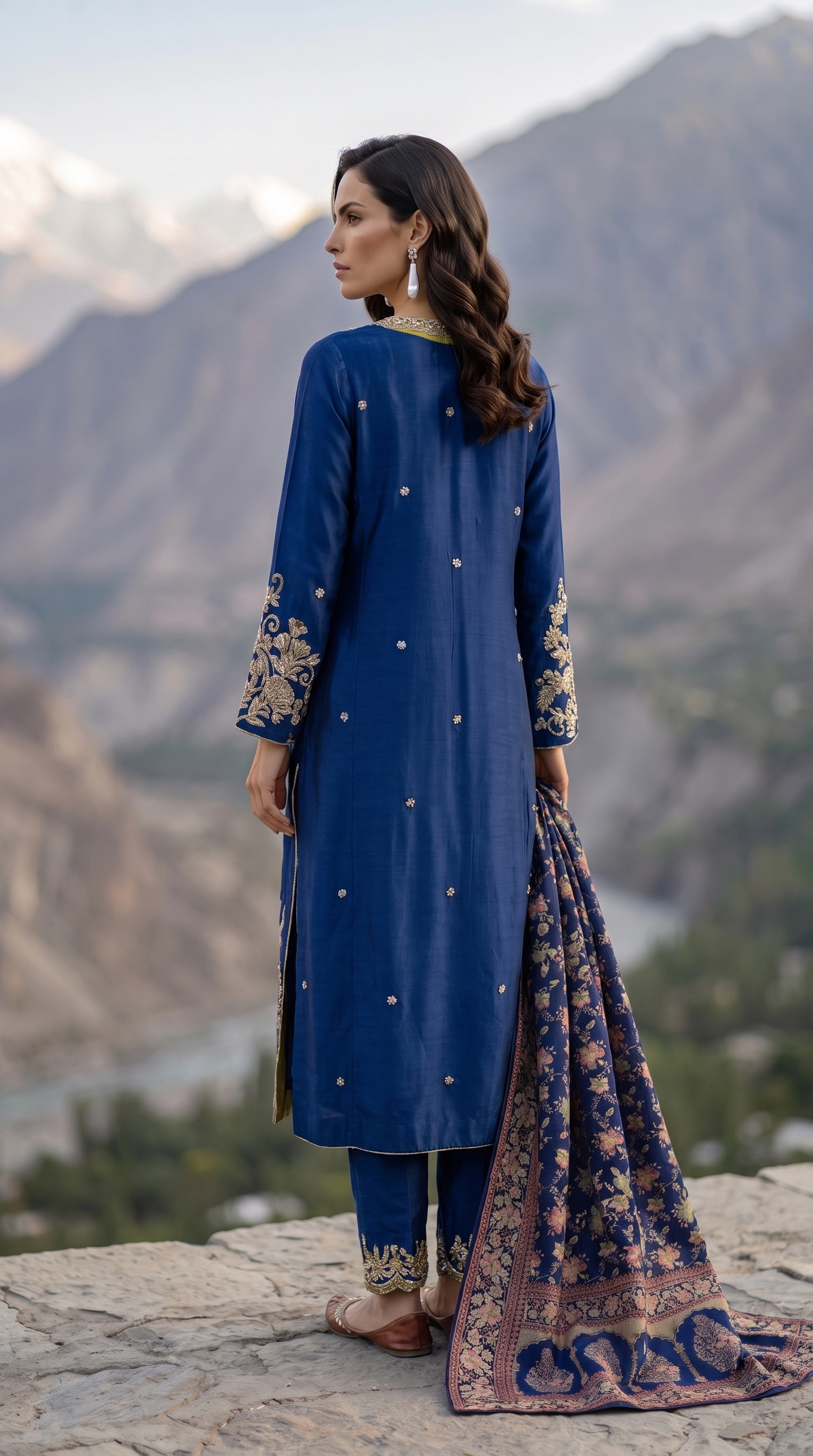 Back view of Cobalt Botanica showing scattered gold motifs, embroidered cuffs and the patterned dupatta