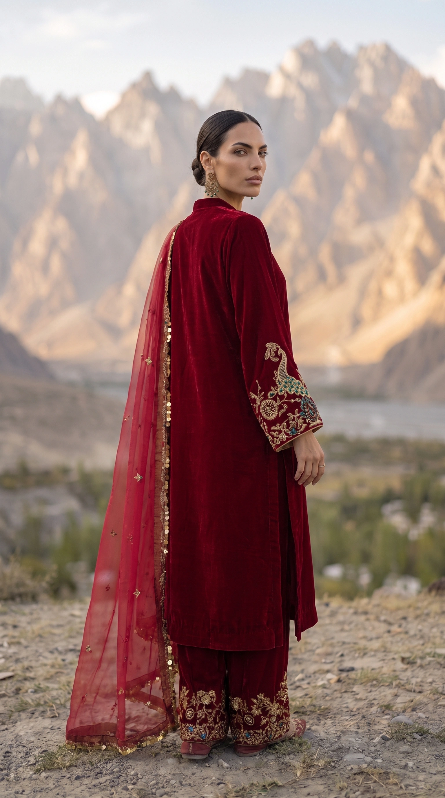 Back view of Crimson Arabesque with its gold-bordered dupatta and embroidered trouser hems