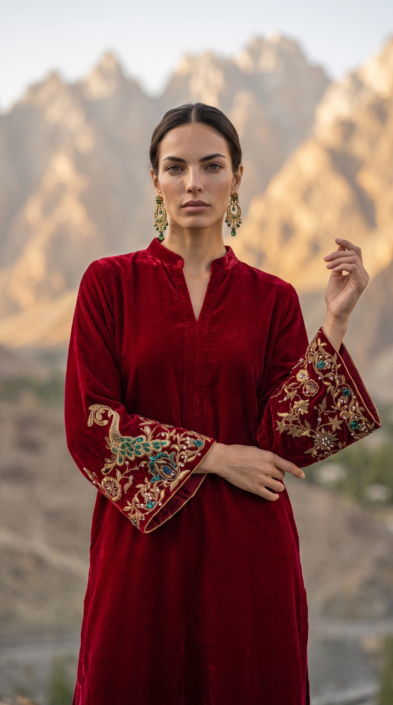Close detail of the Crimson Arabesque neckline and jewel-toned botanical cuff embroidery