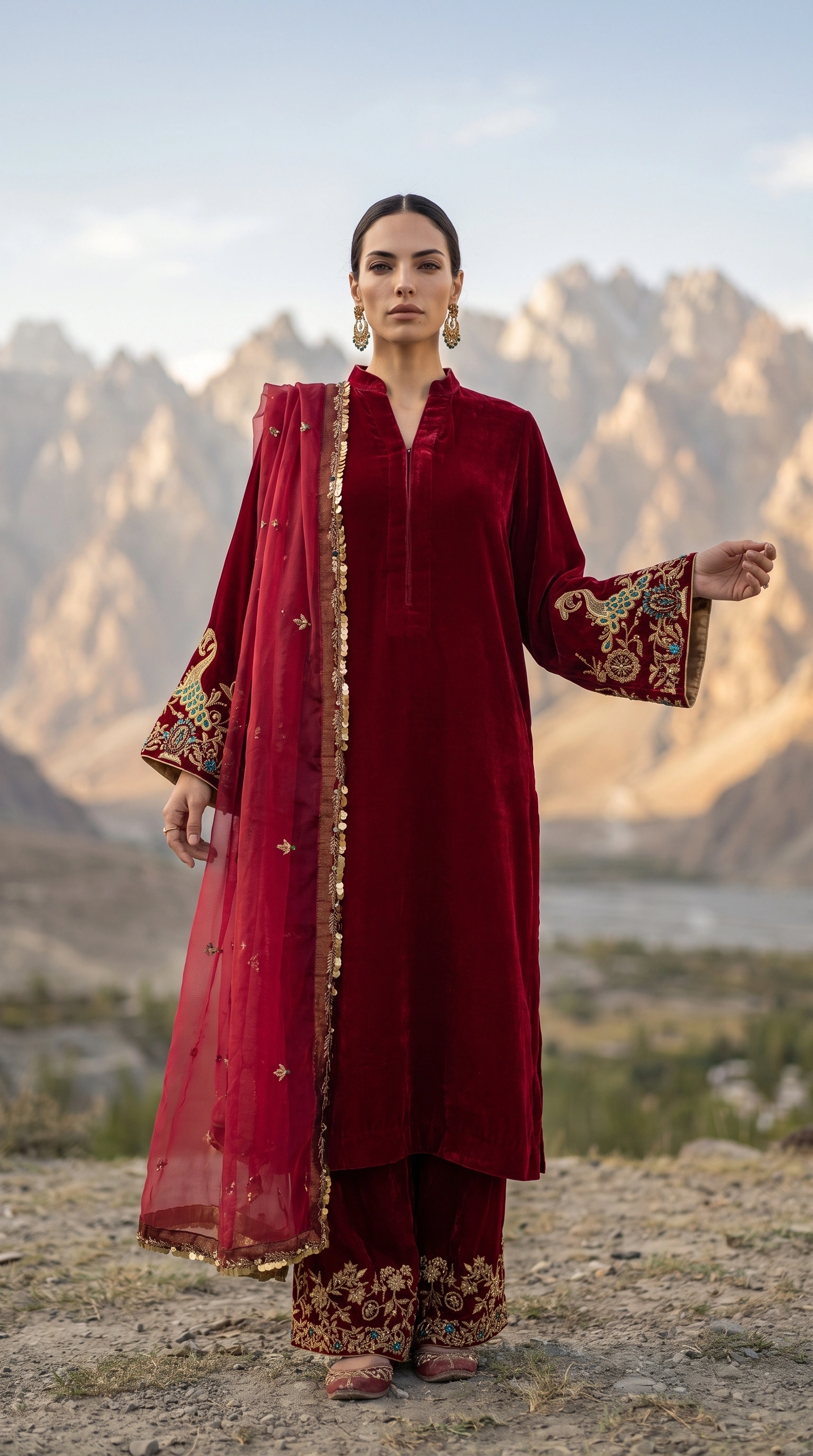 Full front view of the Crimson Arabesque velvet kurta, embroidered trousers and organza dupatta