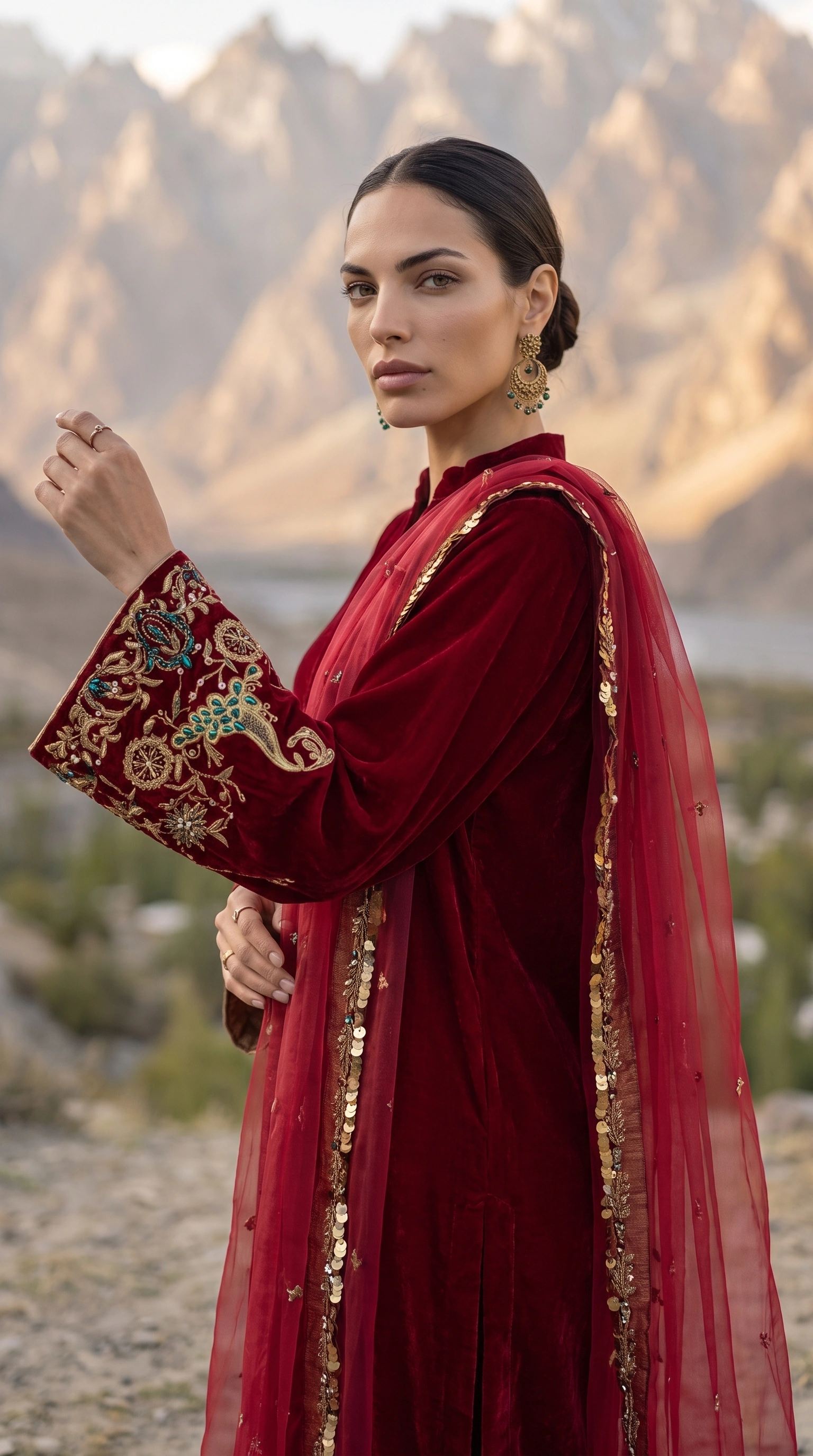 Side view of Crimson Arabesque showing its flared embroidered cuff and fluid dupatta