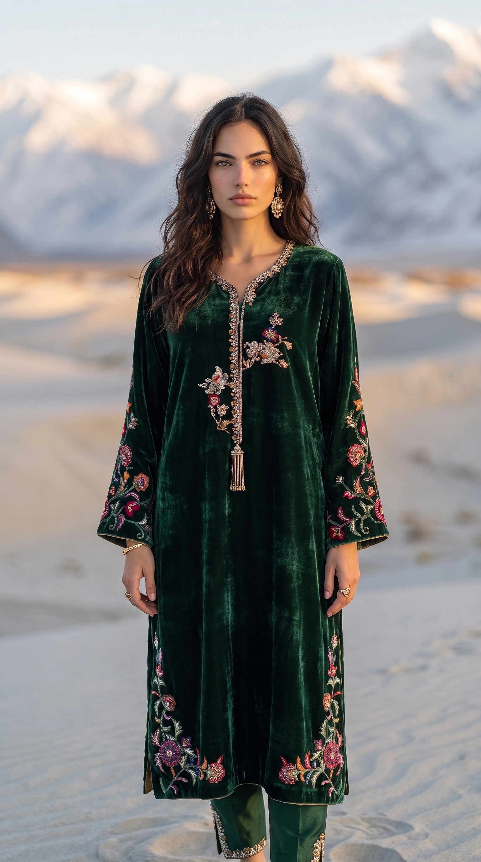 Full front view of the Emerald Velvet kurta and trousers