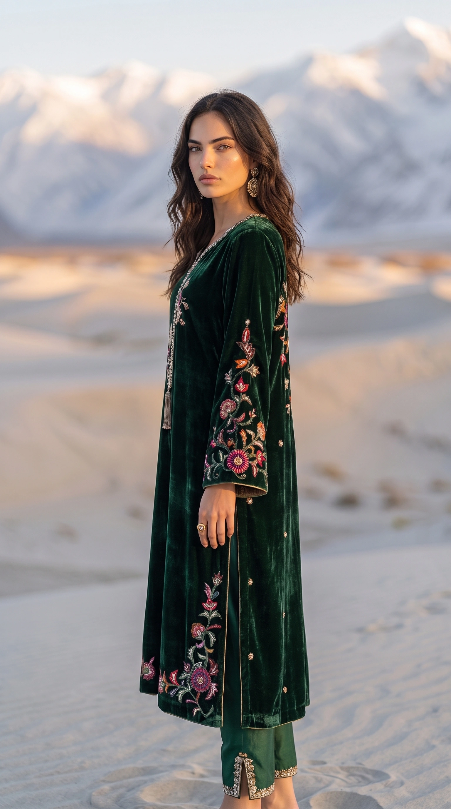 Three-quarter side view of Emerald Velvet showing its sleeve and hem embroidery