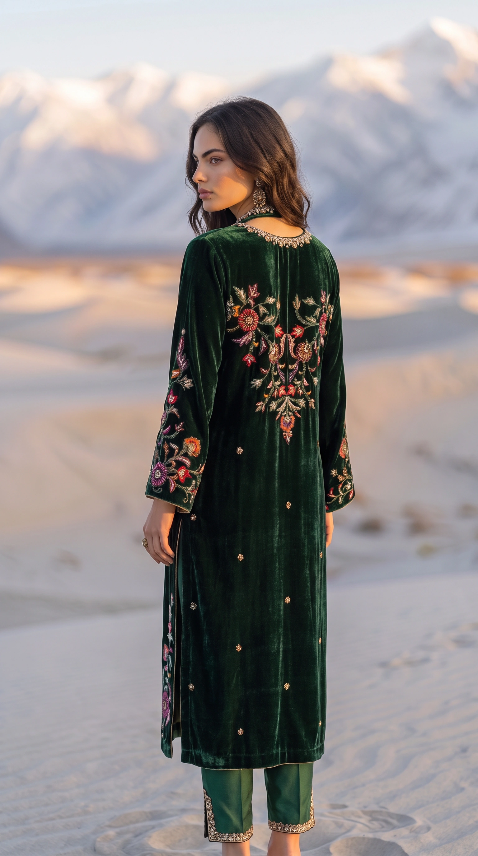 Back three-quarter view of Emerald Velvet showing its statement floral motif