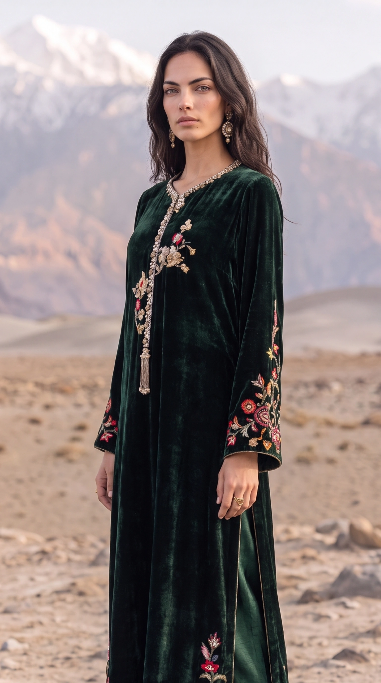 Mid-length detail of Emerald Velvet showing its embellished neckline, sleeve and lower floral embroidery