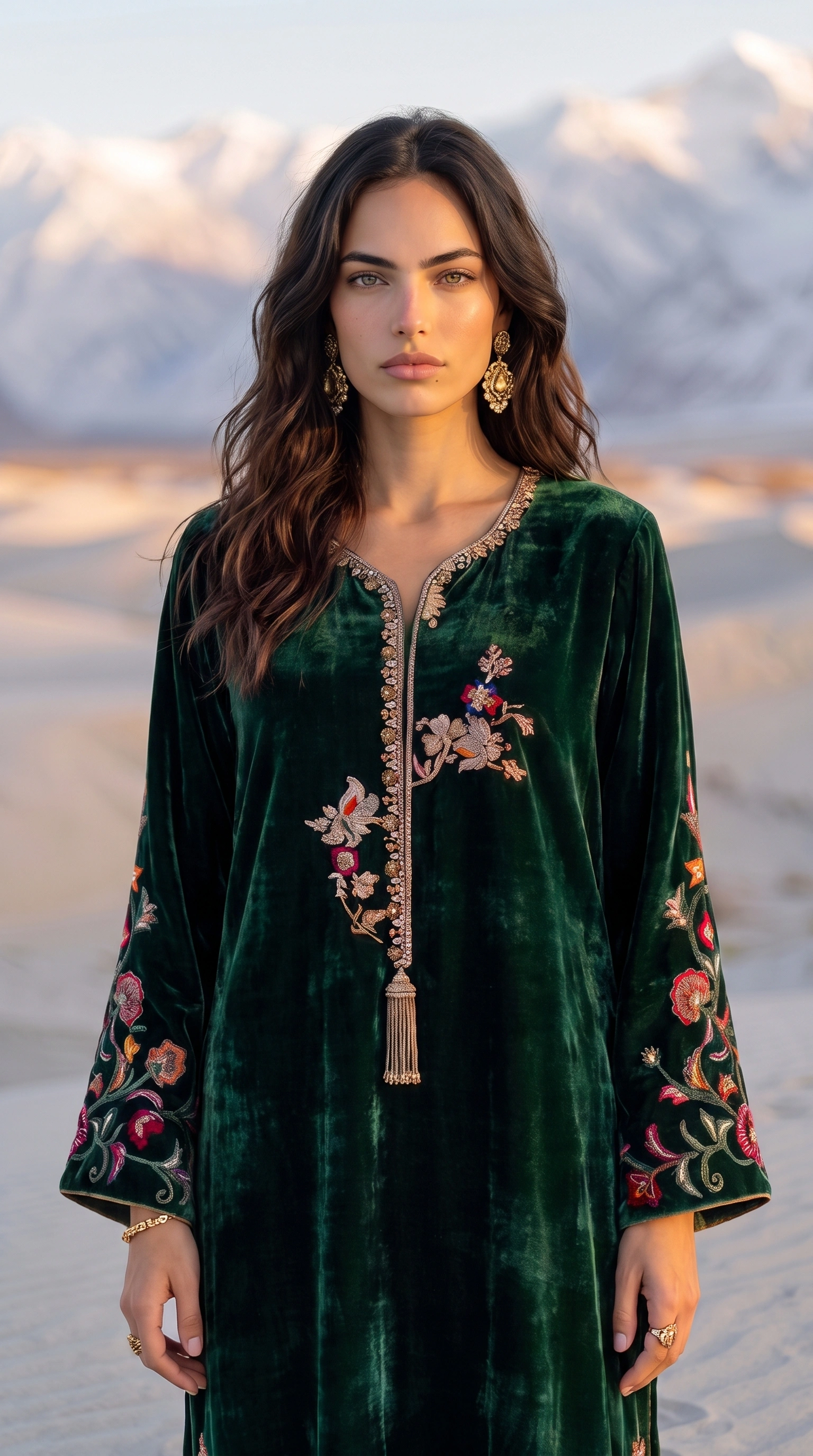 Editorial portrait of Emerald Velvet with its embroidered neckline and sleeves