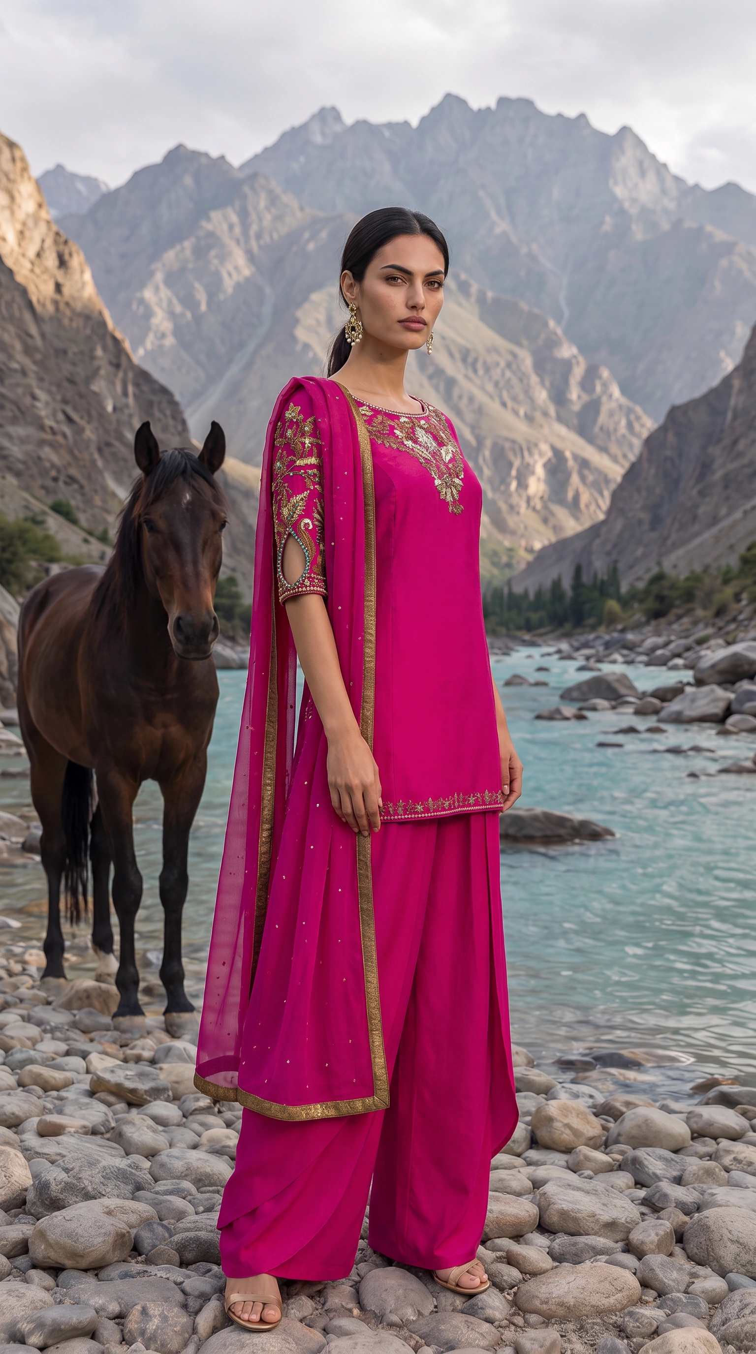 Fuchsia Current with its embroidered dupatta beside the mountain river