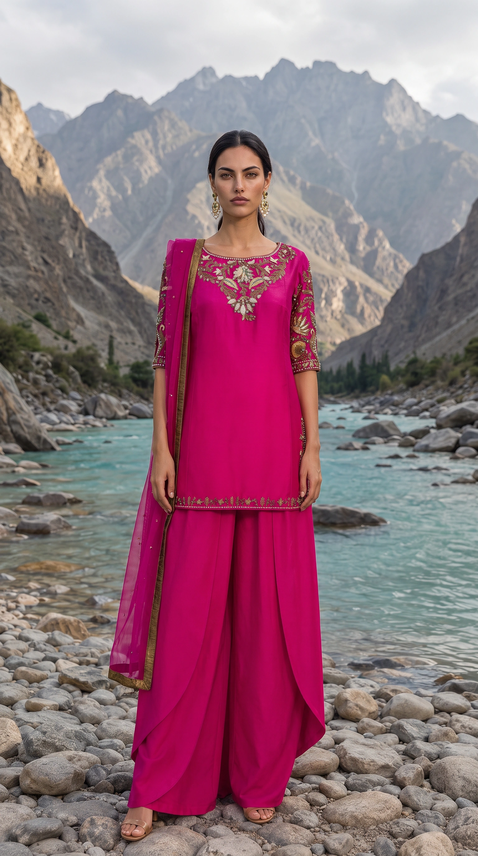 Front view of the Fuchsia Current kurta and fluid draped trousers