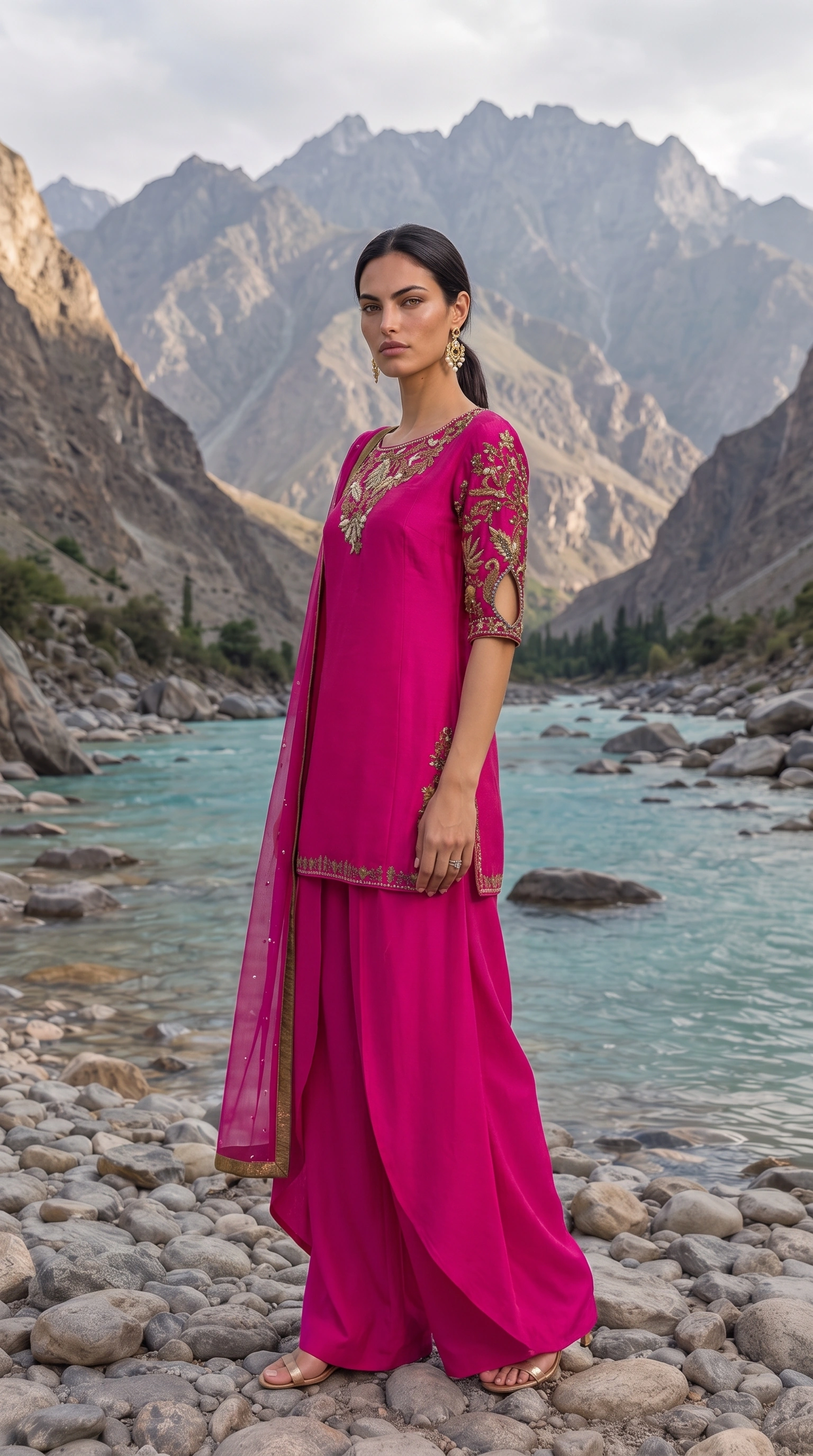 Three-quarter view of Fuchsia Current showing its embroidered sleeves and borders