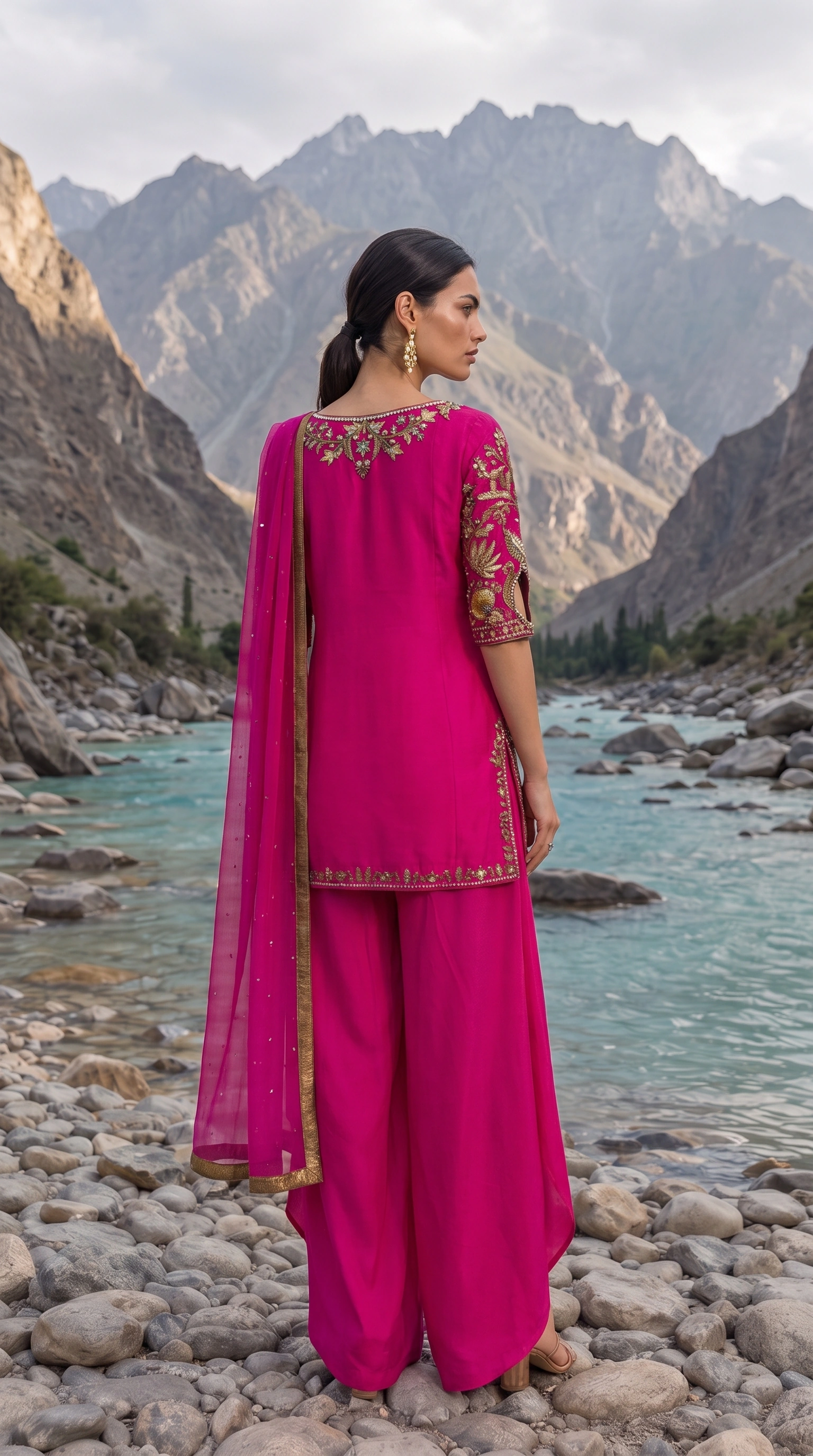 Back view of Fuchsia Current with its sheer dupatta