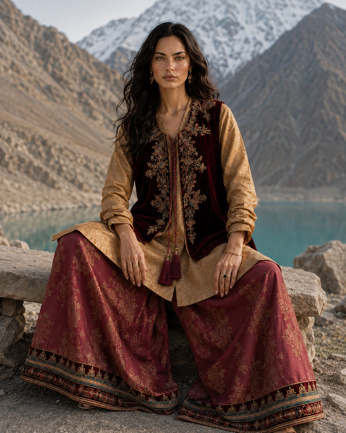 Garnet Passage seated lakeside in a gold kurta, velvet waistcoat and wide woven trousers