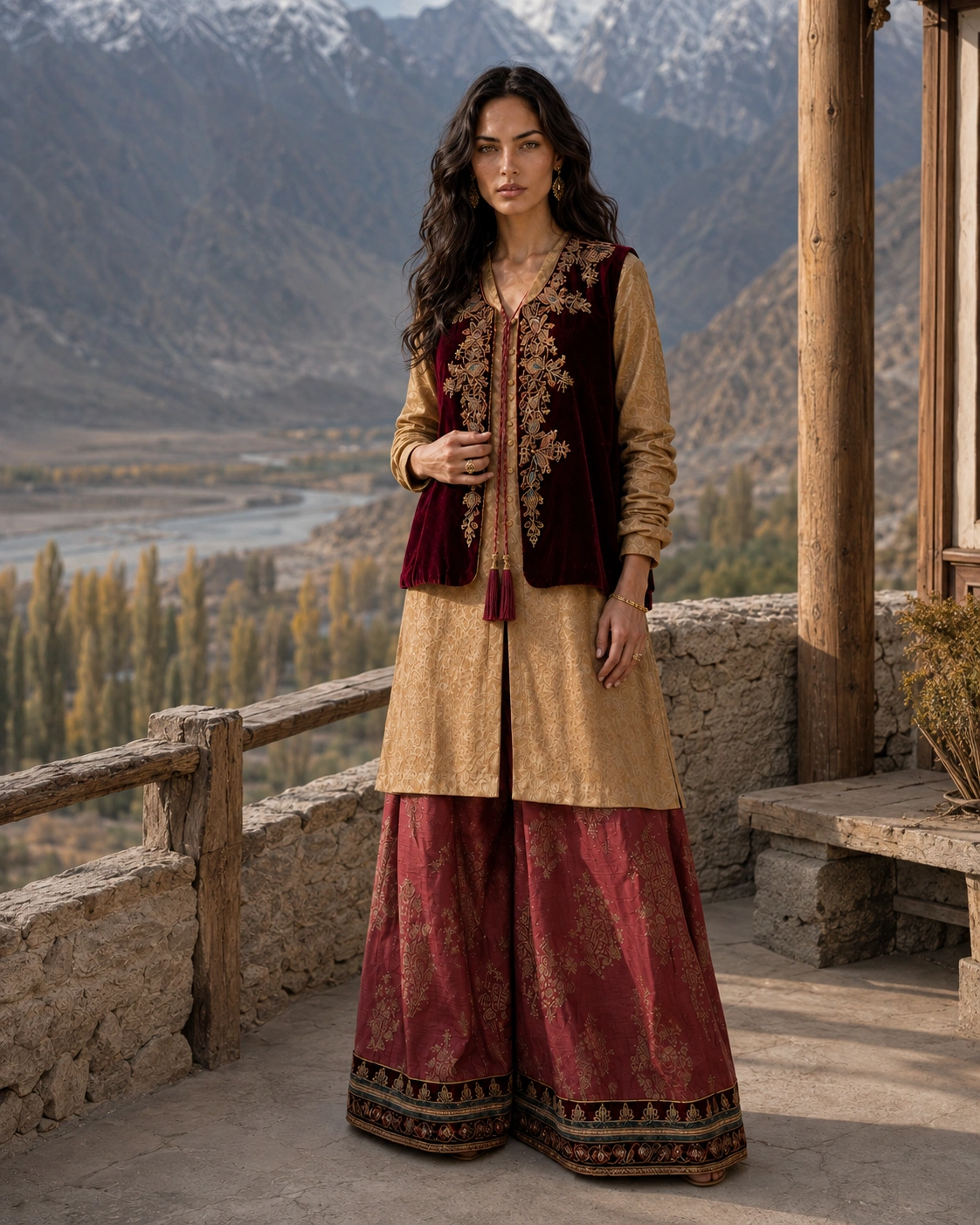 Front editorial view of Garnet Passage showing its garnet waistcoat and bordered trousers