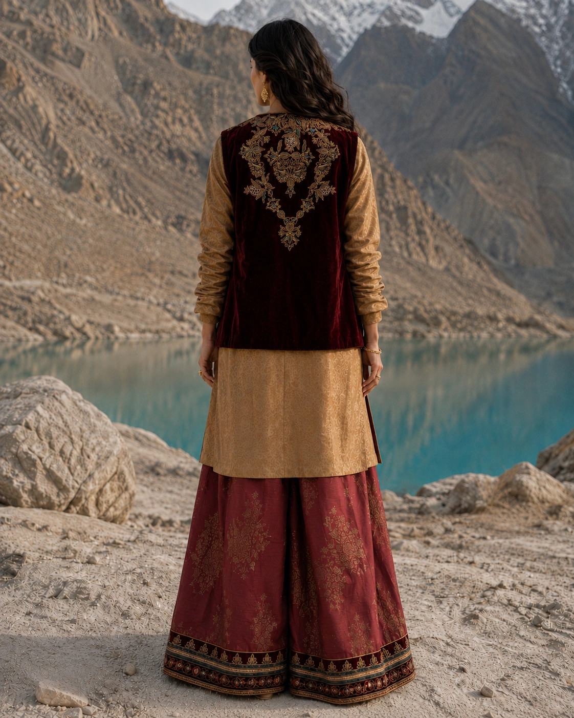 Back view of Garnet Passage showing the embroidered waistcoat motif
