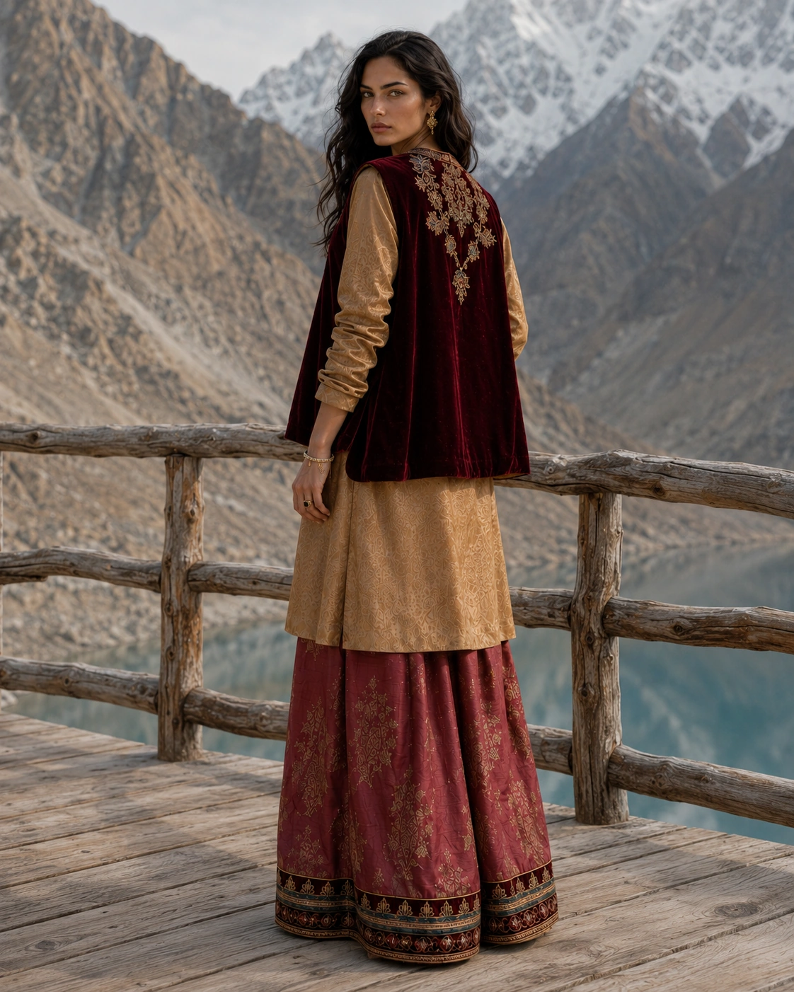 Back three-quarter view of Garnet Passage and its wide woven trousers
