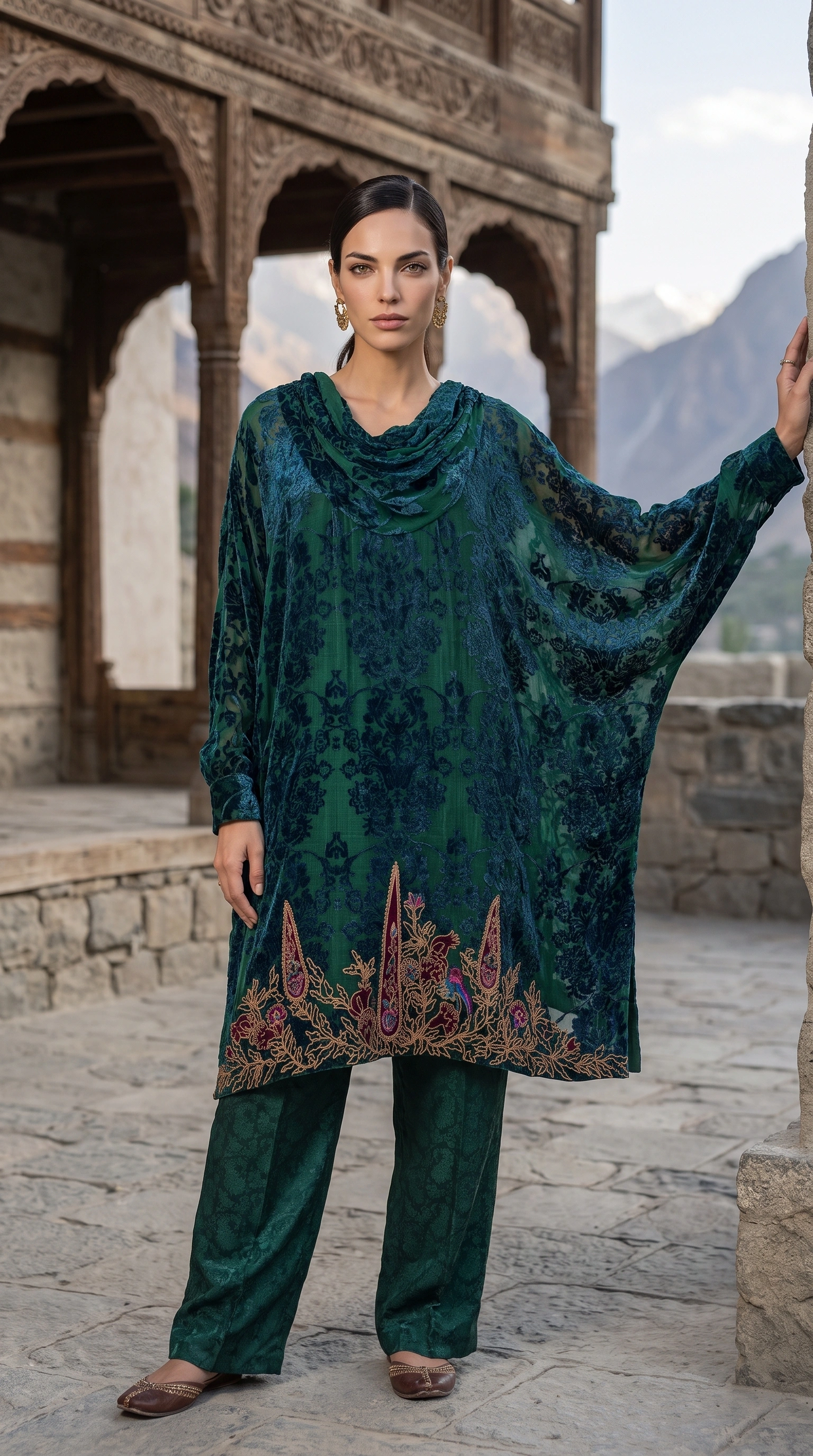 Front view of Malachite Cascade showing its draped devoré velvet top and embroidered hem