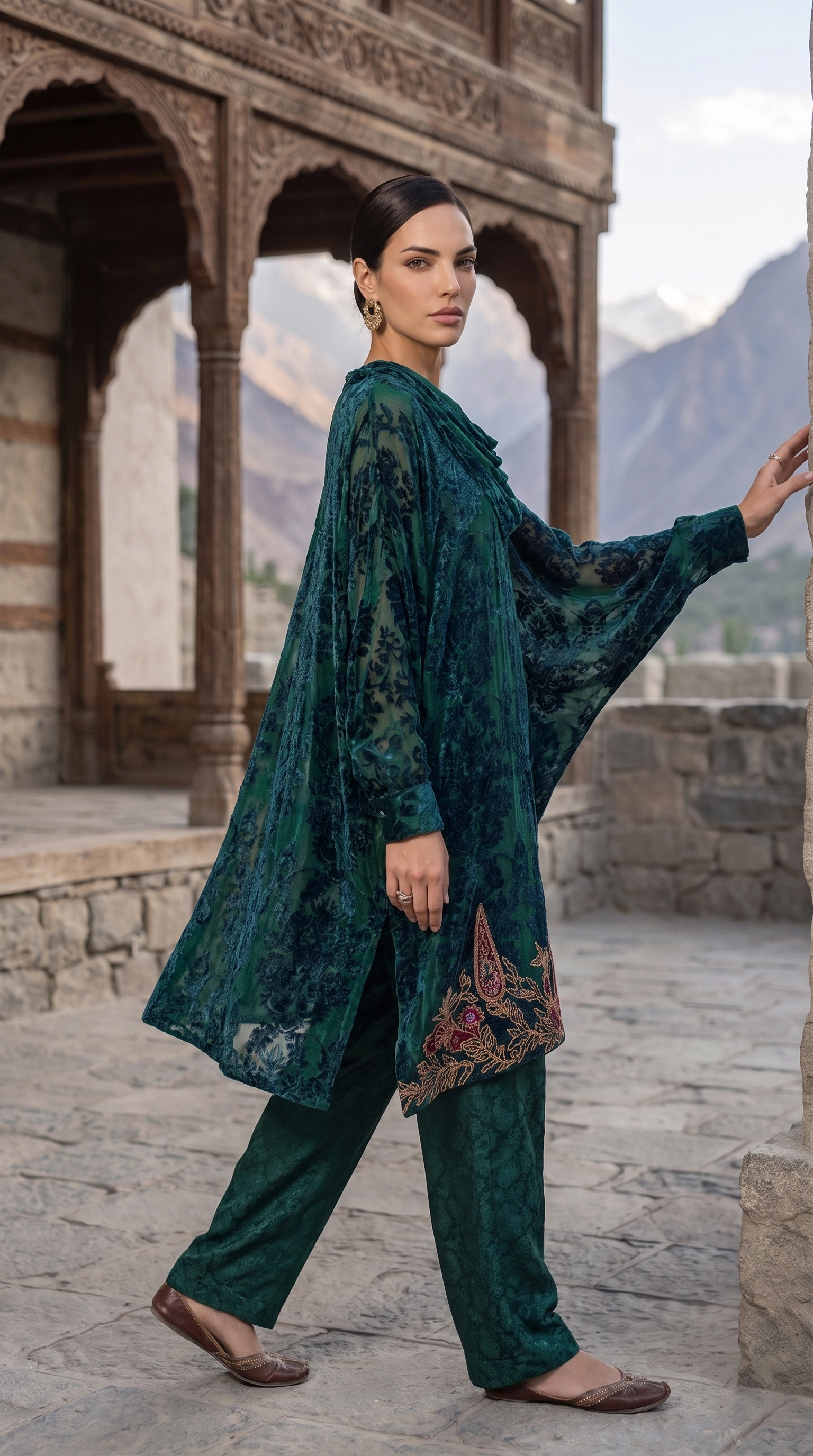 Side view of Malachite Cascade showing its sculptural batwing sleeve and tonal trousers
