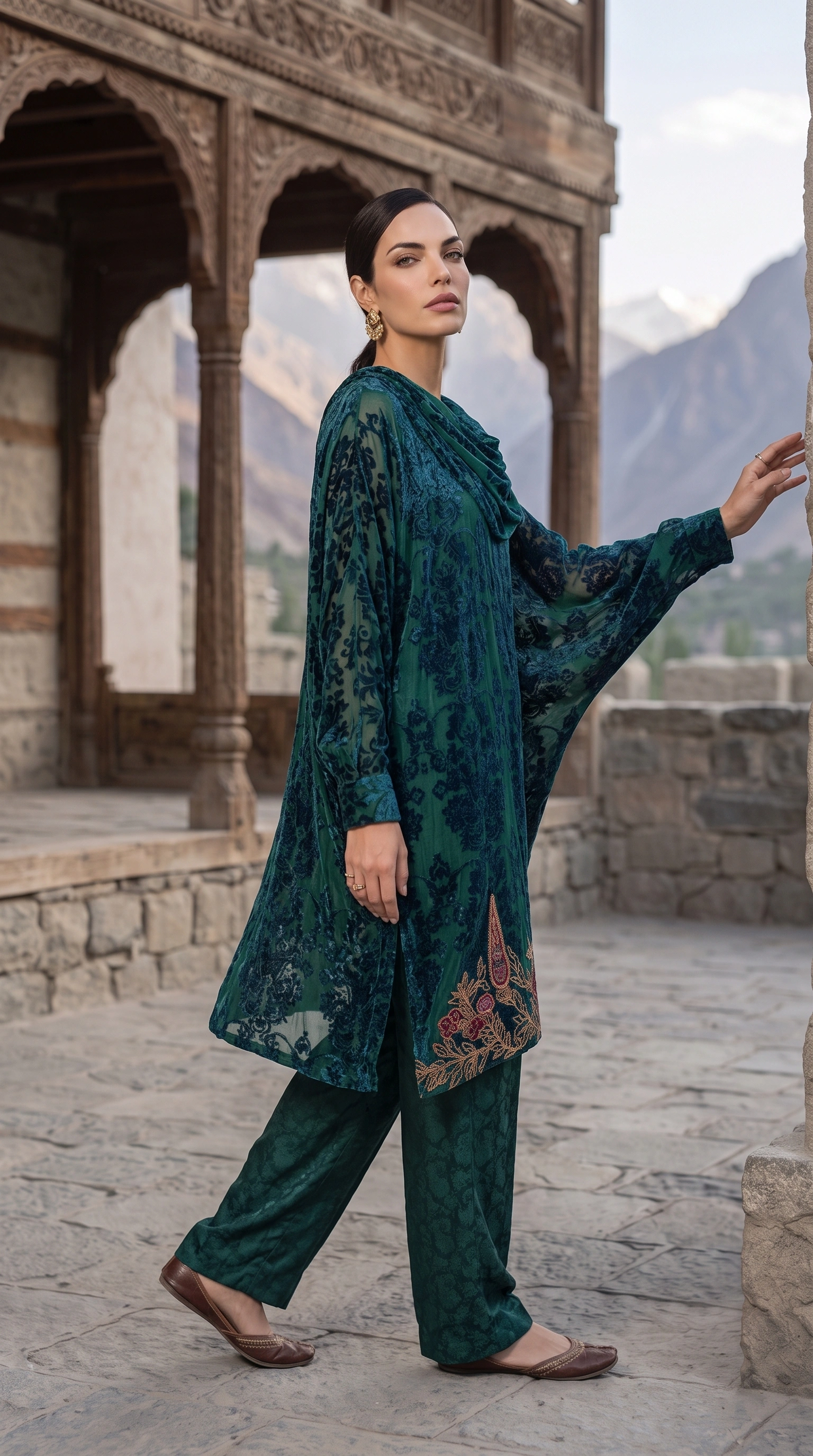 Walking three-quarter view of Malachite Cascade with its fluid top and ornamental embroidery