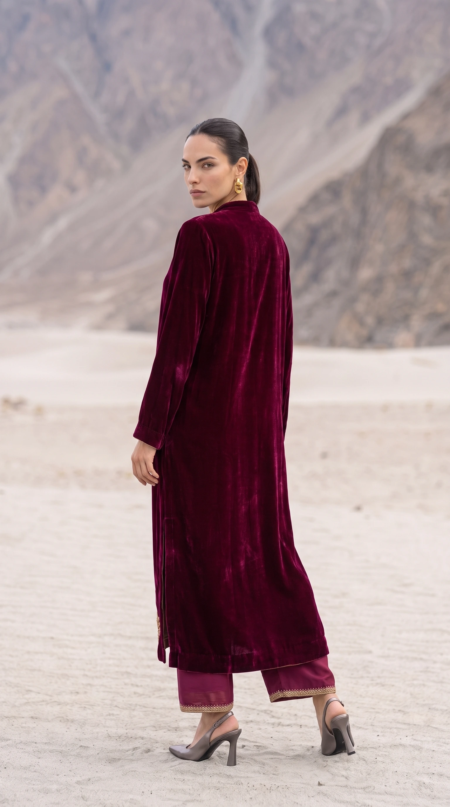 Back view of the clean Merlot Aurelia velvet silhouette