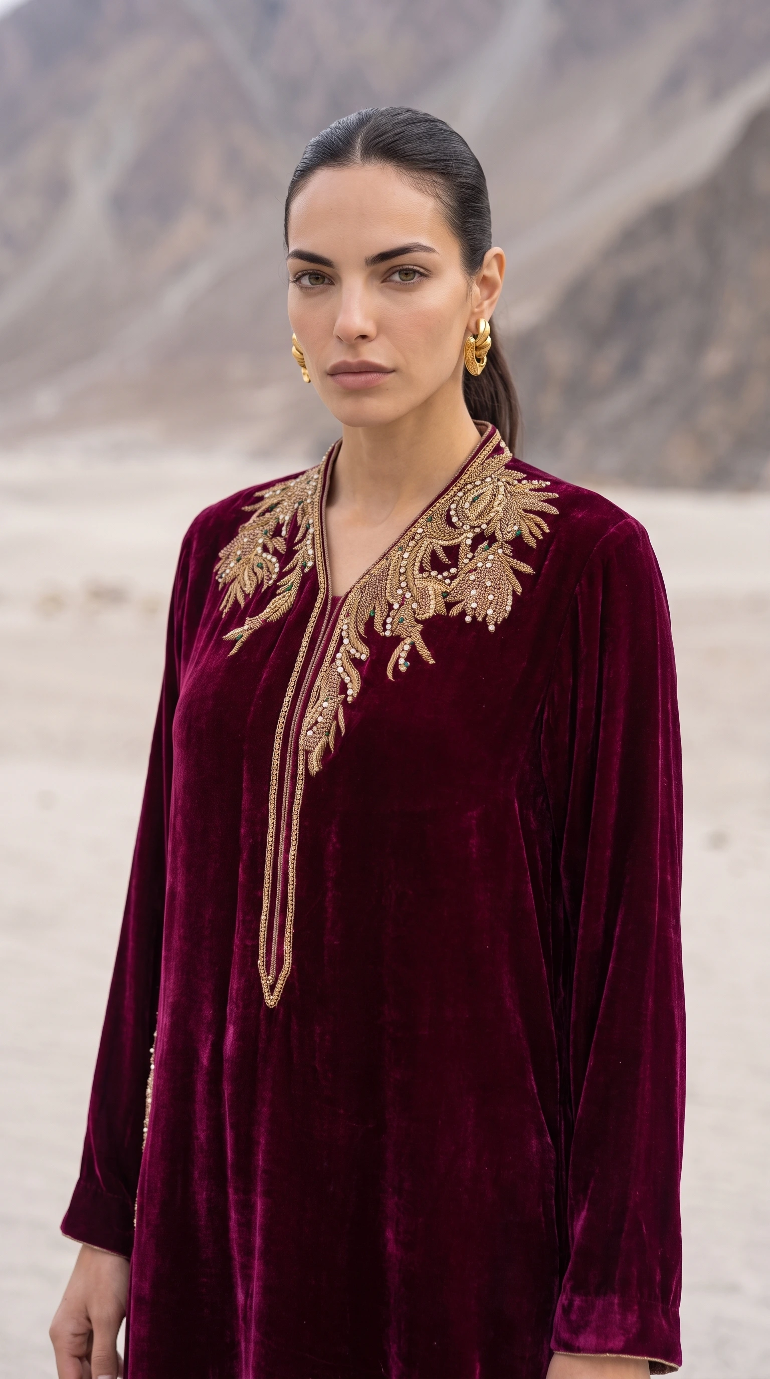 Close detail of the gold threadwork, pearls and coloured accents at the Merlot Aurelia neckline