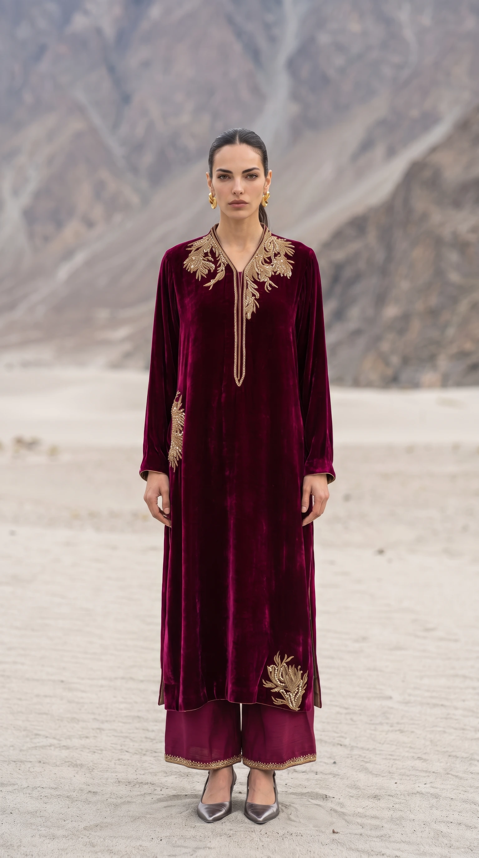 Full front view of Merlot Aurelia with its antique-gold botanical neckline and embroidered trouser borders