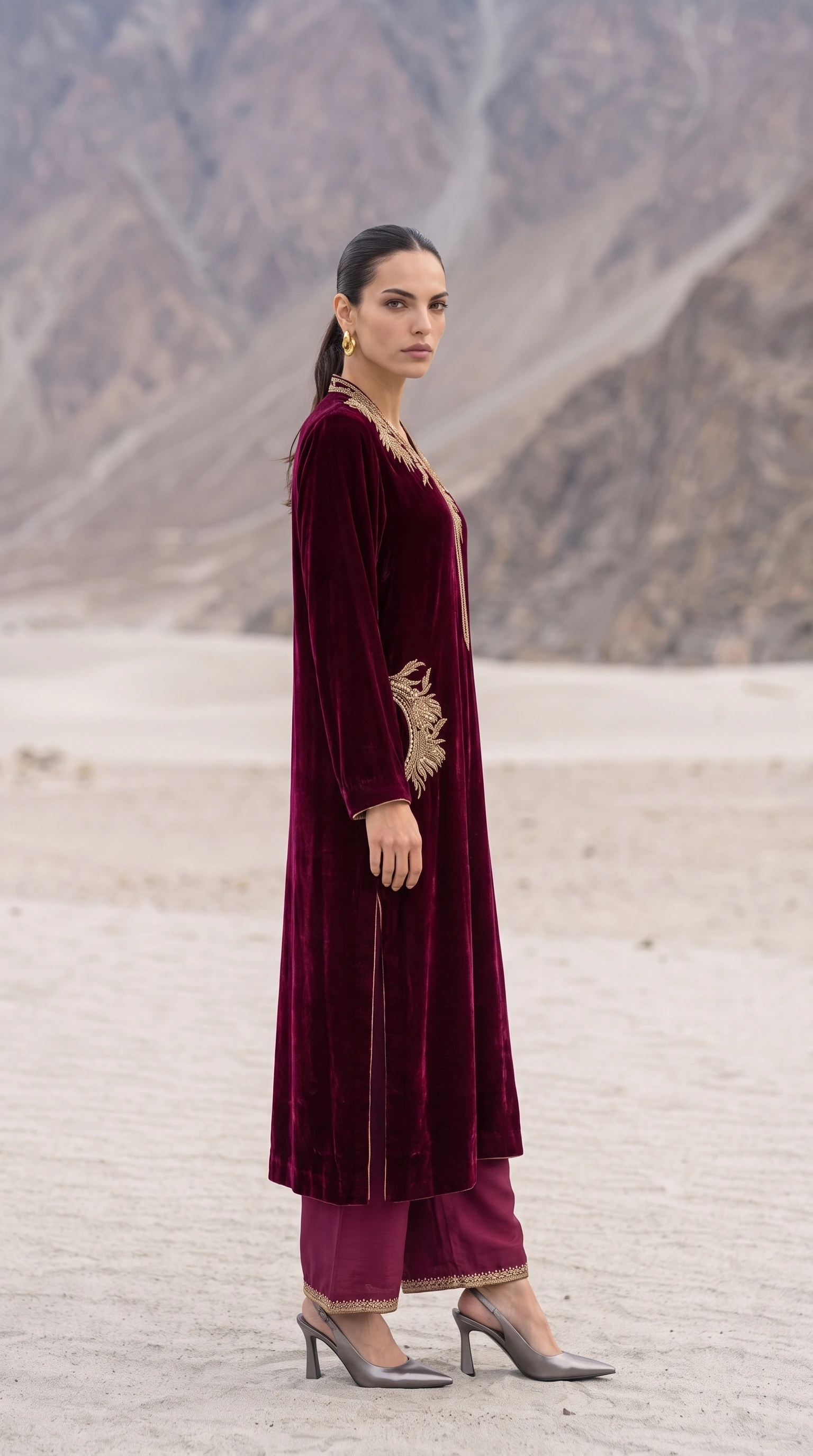Side view of Merlot Aurelia showing the flowing kurta and wide trousers