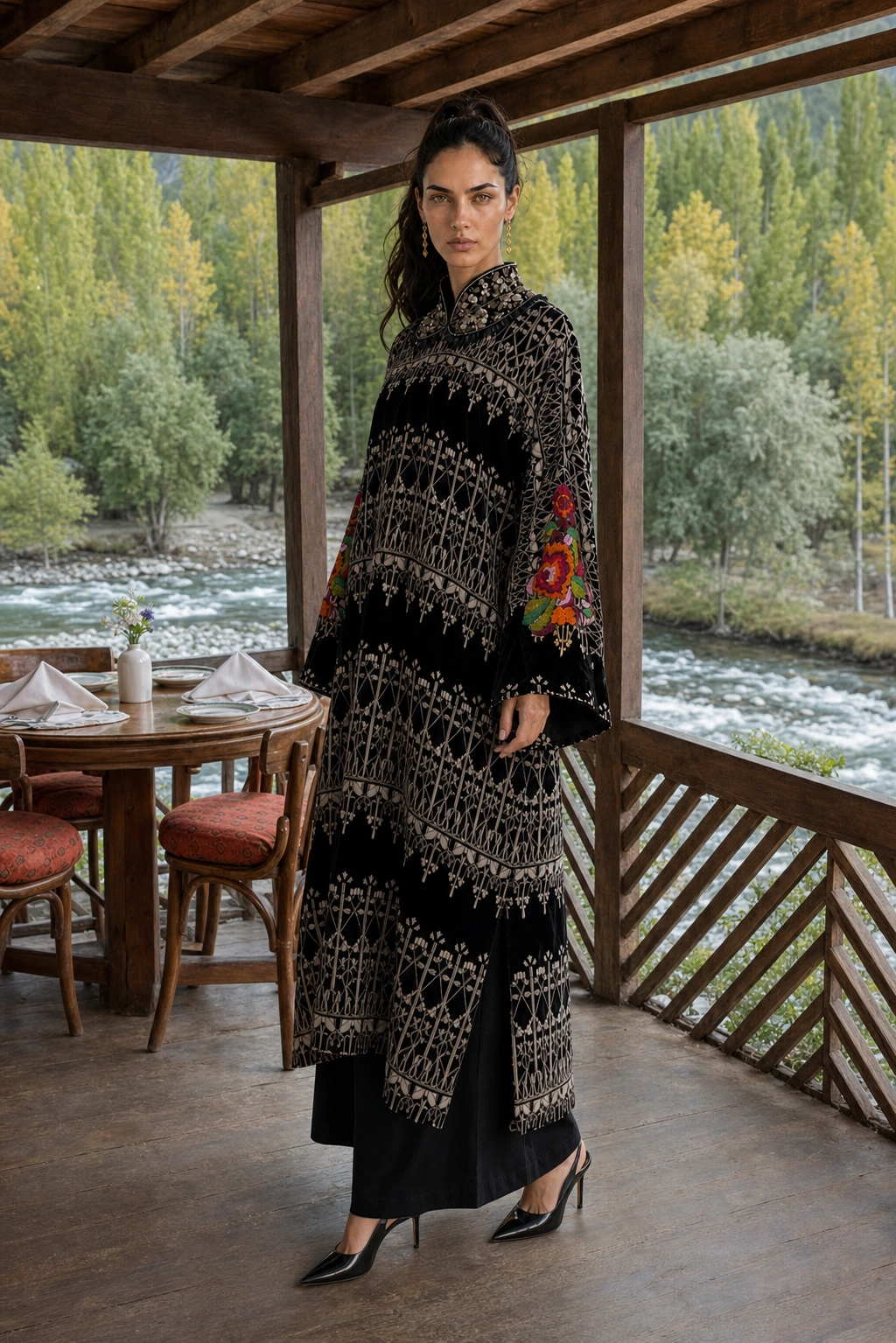 Noir Tapestry on a riverside veranda showing its elongated black silhouette