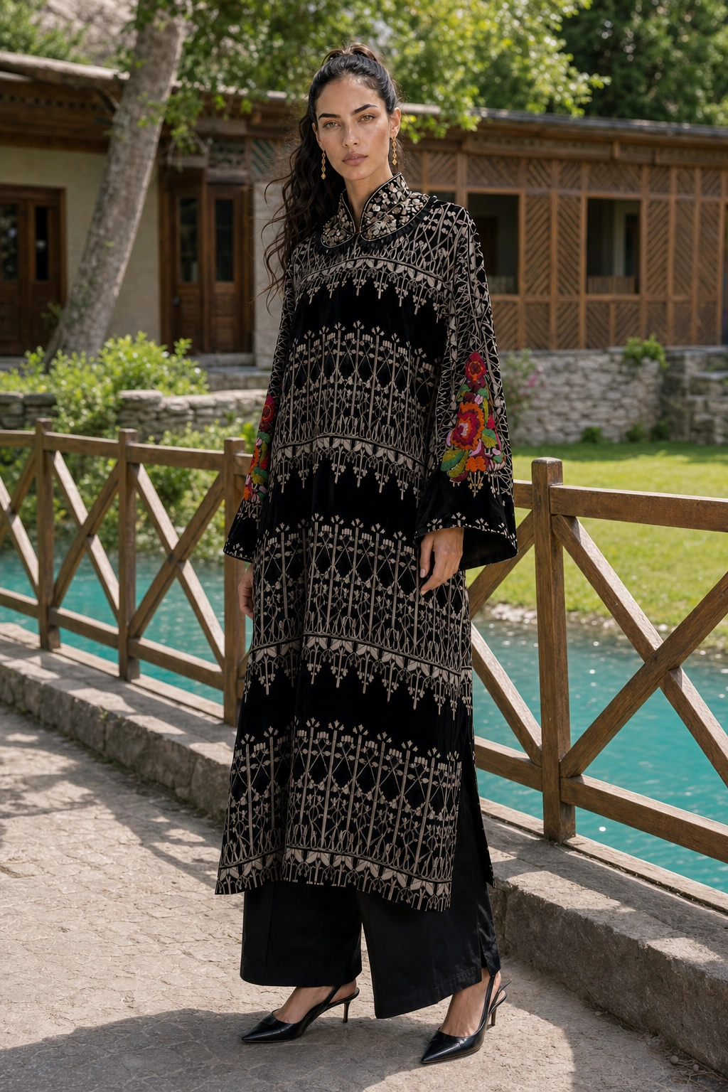 Full front view of Noir Tapestry with ivory geometric and botanical embroidery