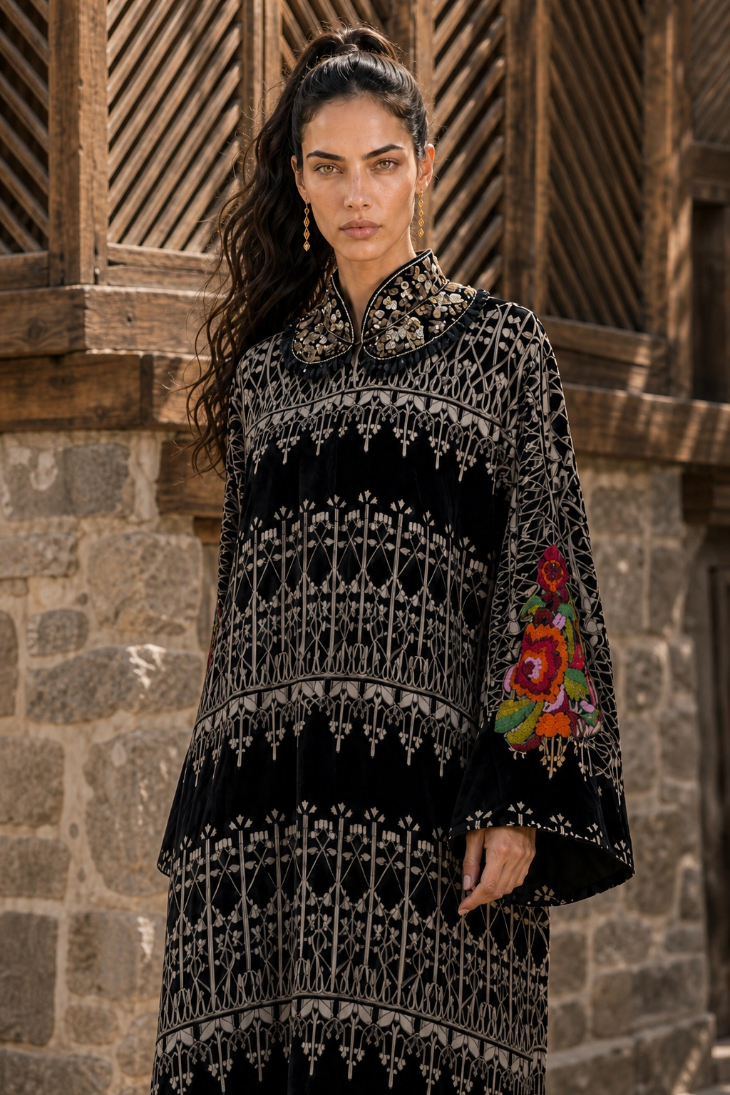 Mid-length view of Noir Tapestry and its vivid embroidered sleeve motif