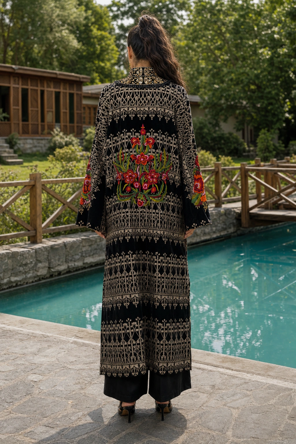 Back view of Noir Tapestry with its statement botanical motif