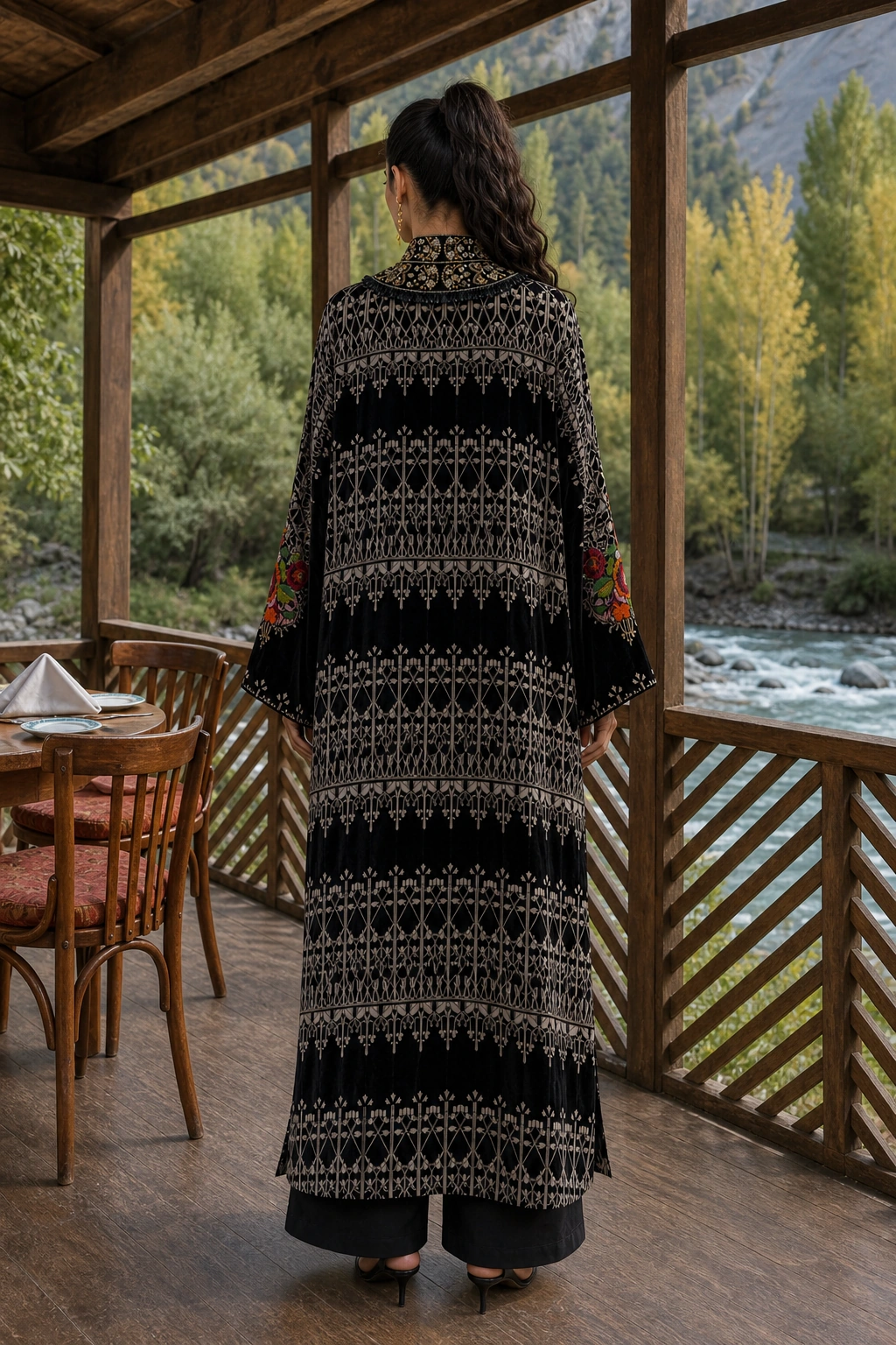 Full back view of the Noir Tapestry long embroidered silhouette