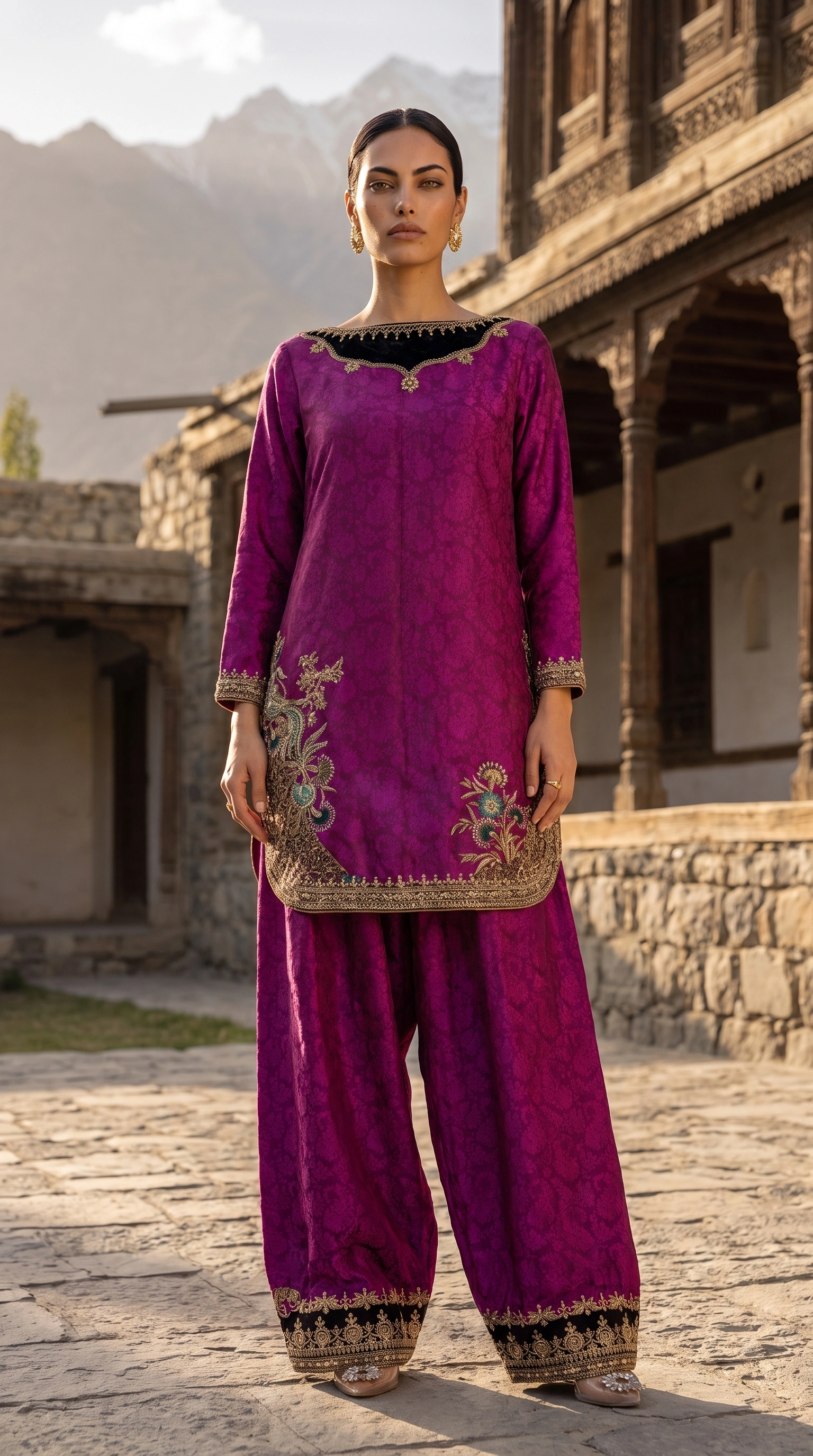 Full front view of the Orchid Mosaic kurta and wide trousers