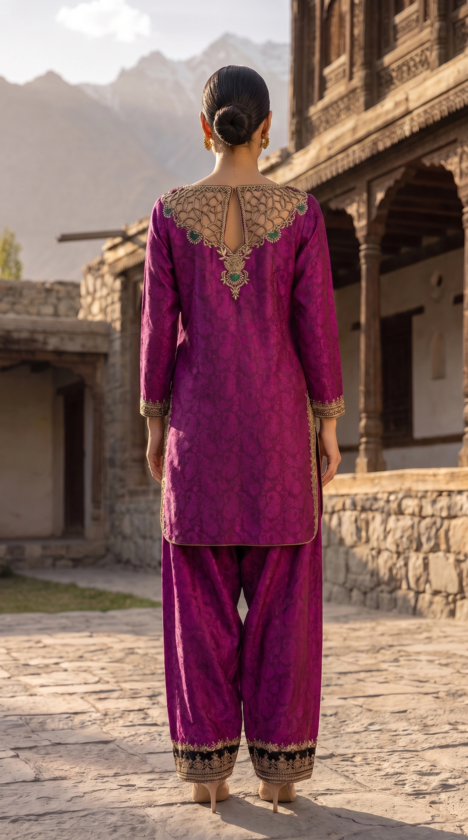Back view of Orchid Mosaic showing its ornamental neckline detail