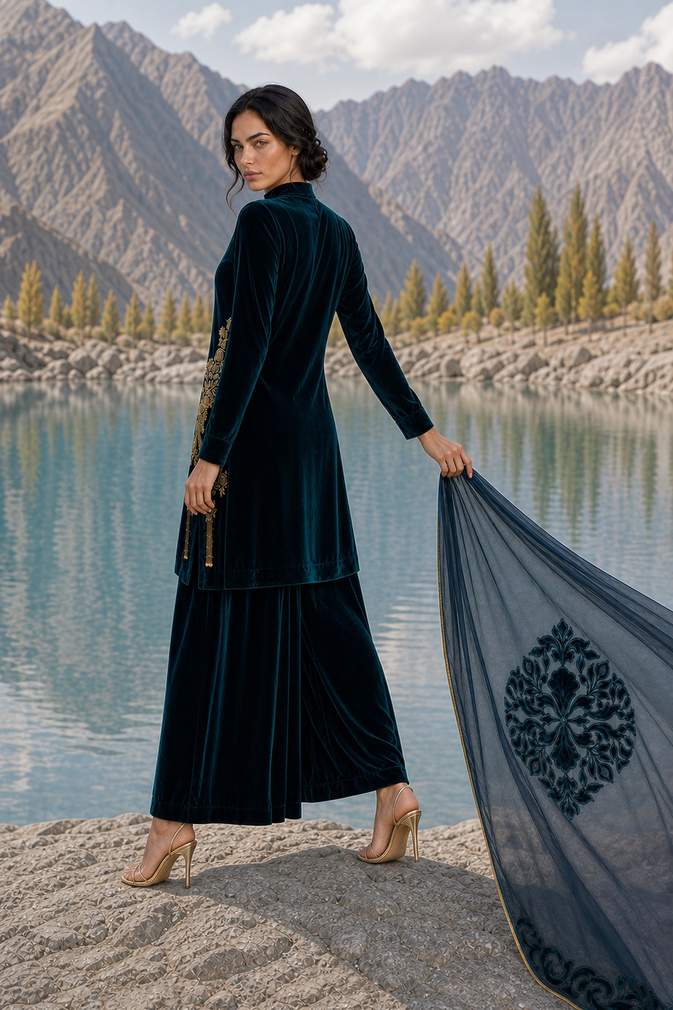Back view of Sapphire Nocturne with its dupatta held beside the model