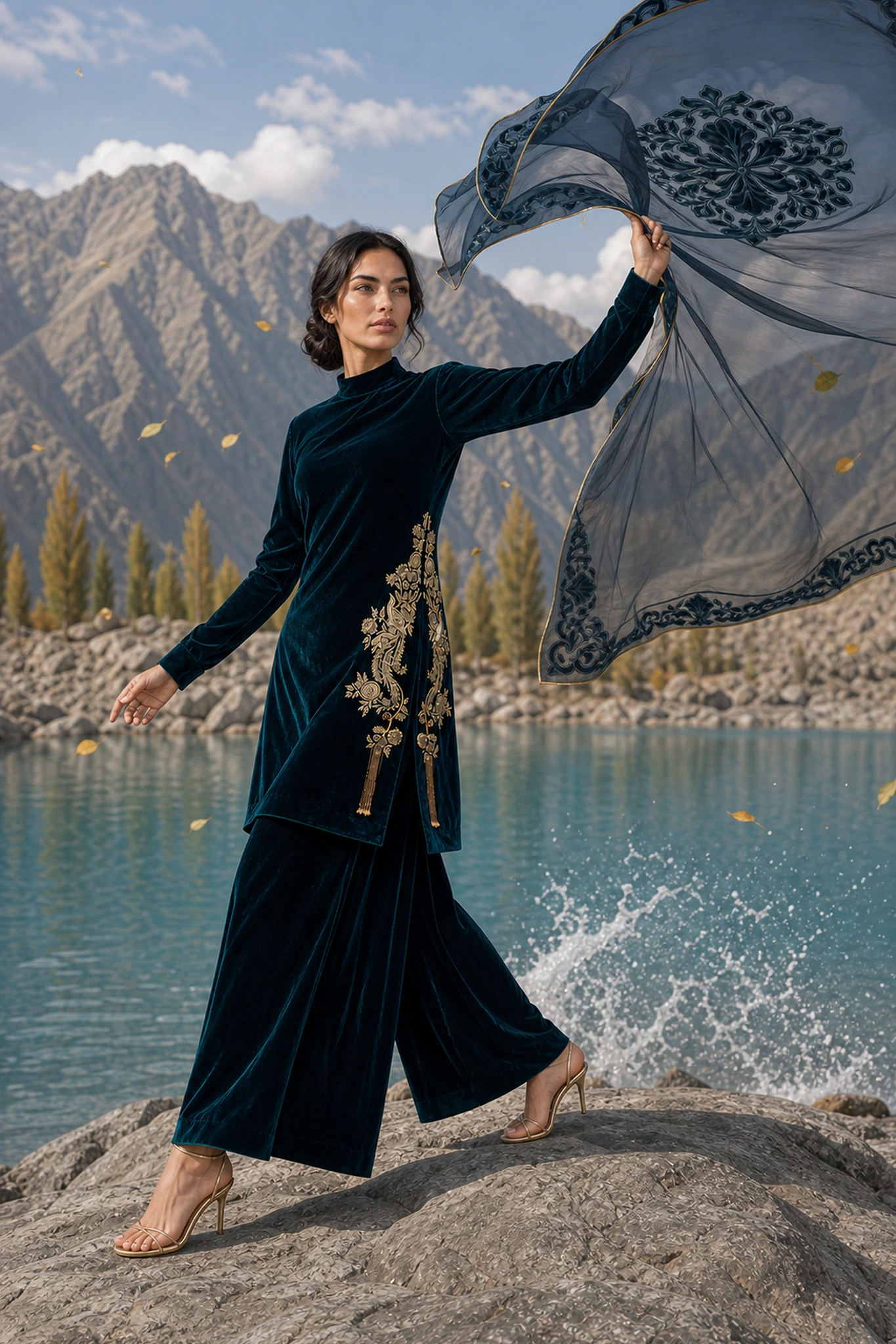 Sapphire Nocturne in motion showing the embroidered dupatta border and motif