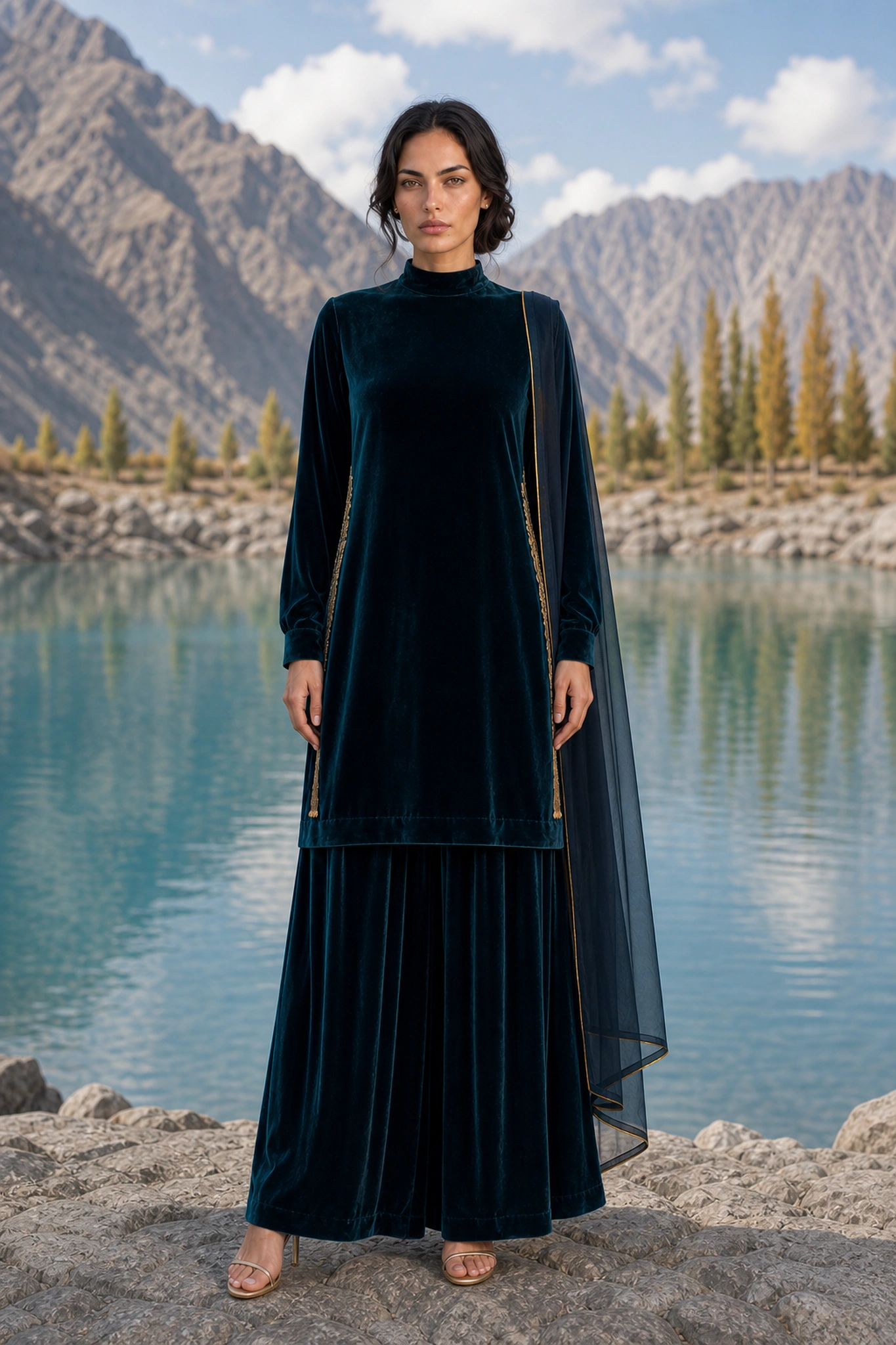Front view of the Sapphire Nocturne velvet kurta and trousers