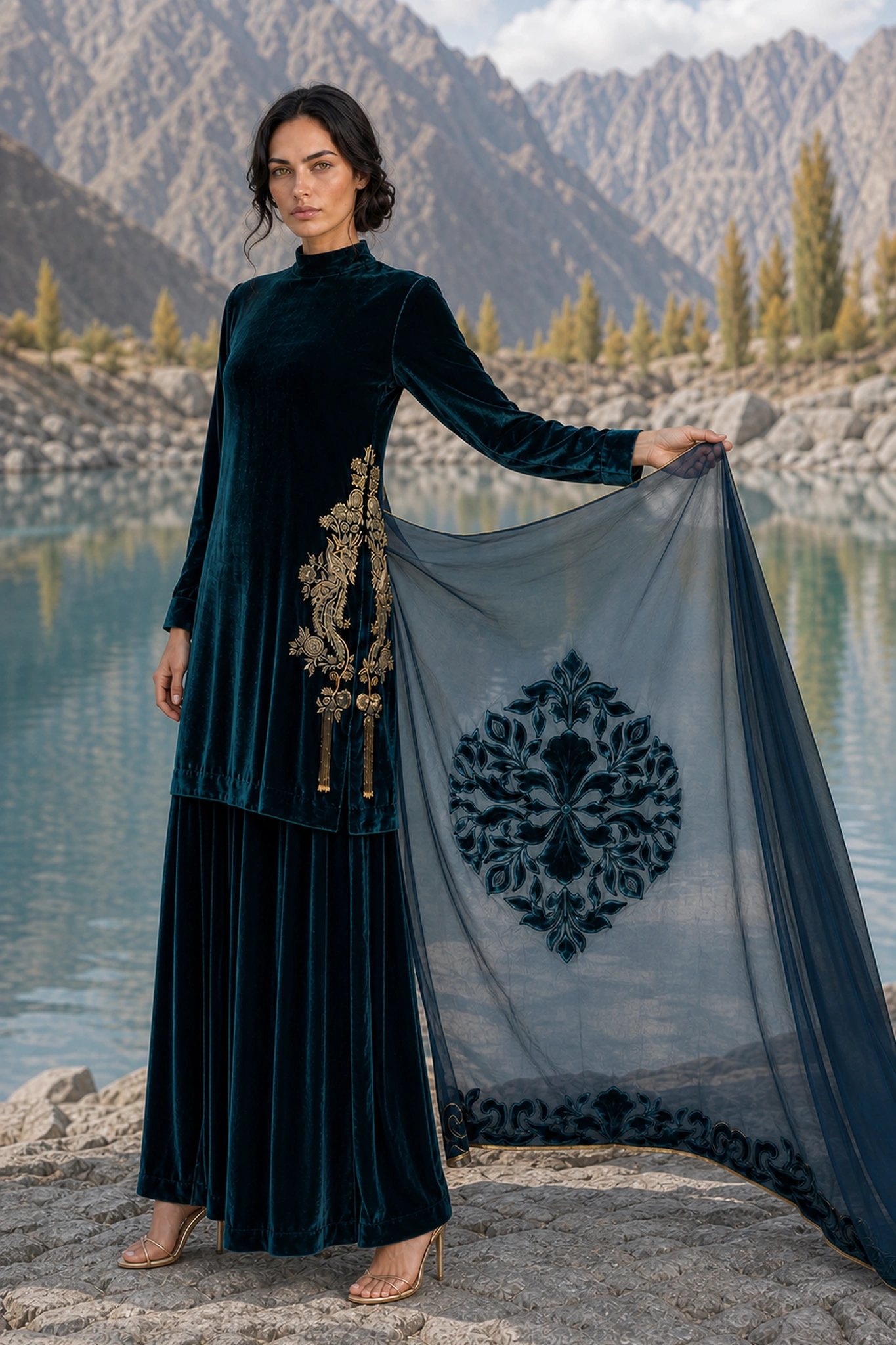 Sapphire Nocturne displaying the statement central motif on its dupatta