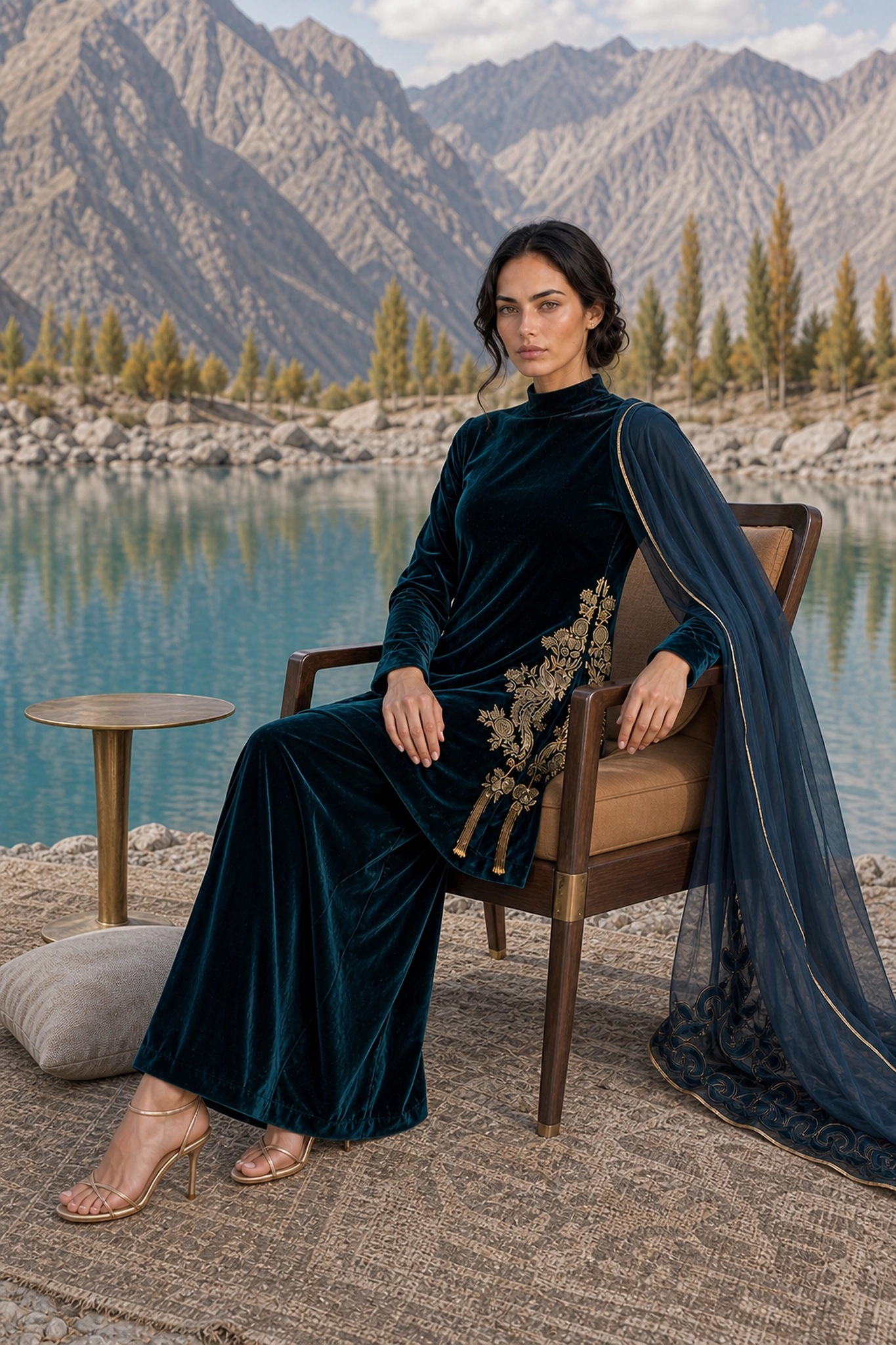 Sapphire Nocturne seated lakeside in deep blue velvet with its embroidered dupatta