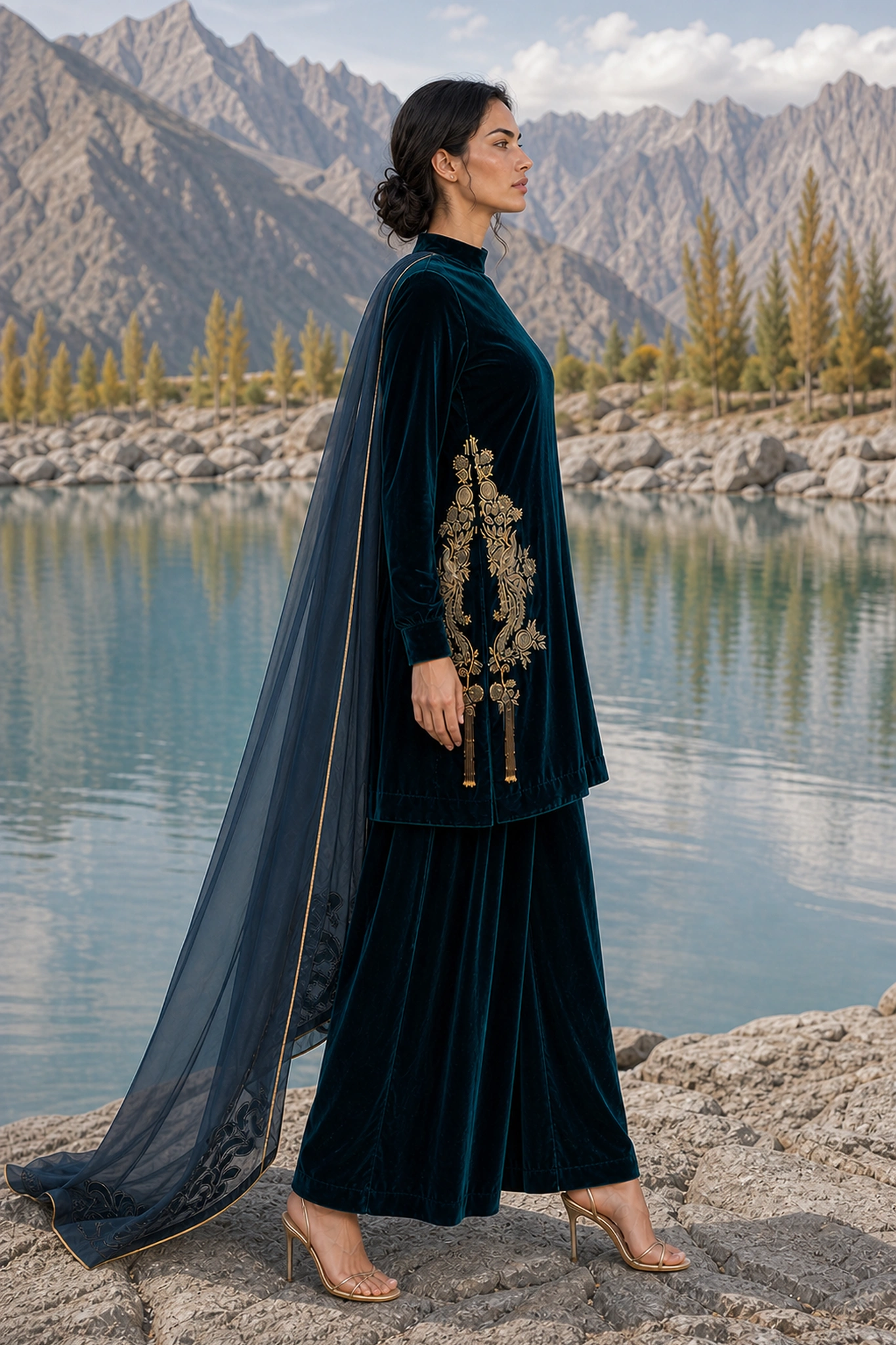 Side view of the Sapphire Nocturne long velvet silhouette